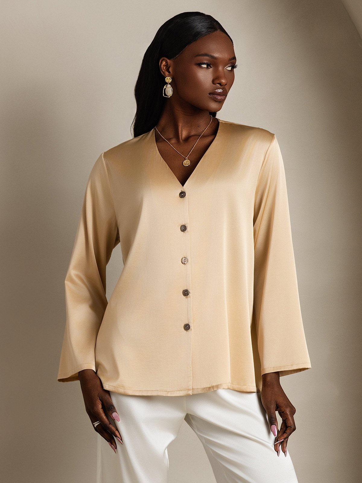 19Momme Silk Long Sleeve V-Neck Blouse