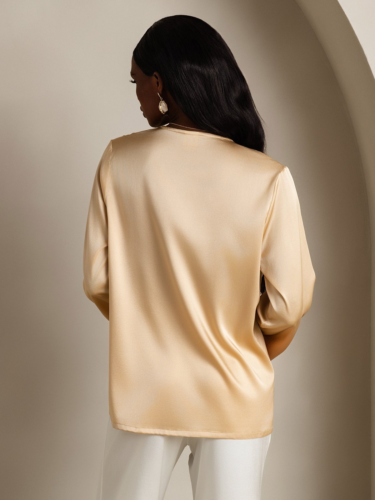 19Momme Silk Long Sleeve V-Neck Blouse