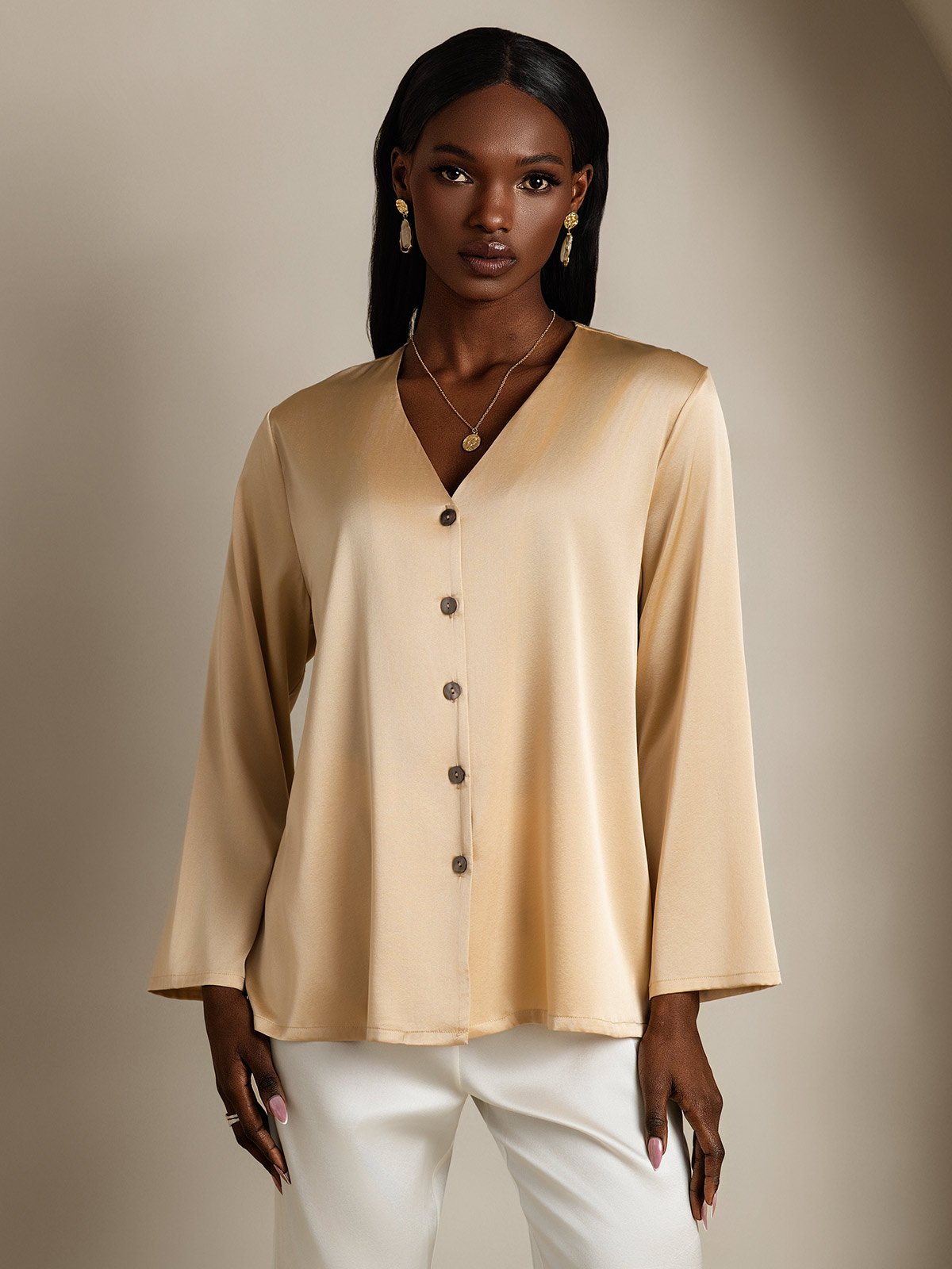 19Momme Silk Long Sleeve V-Neck Blouse