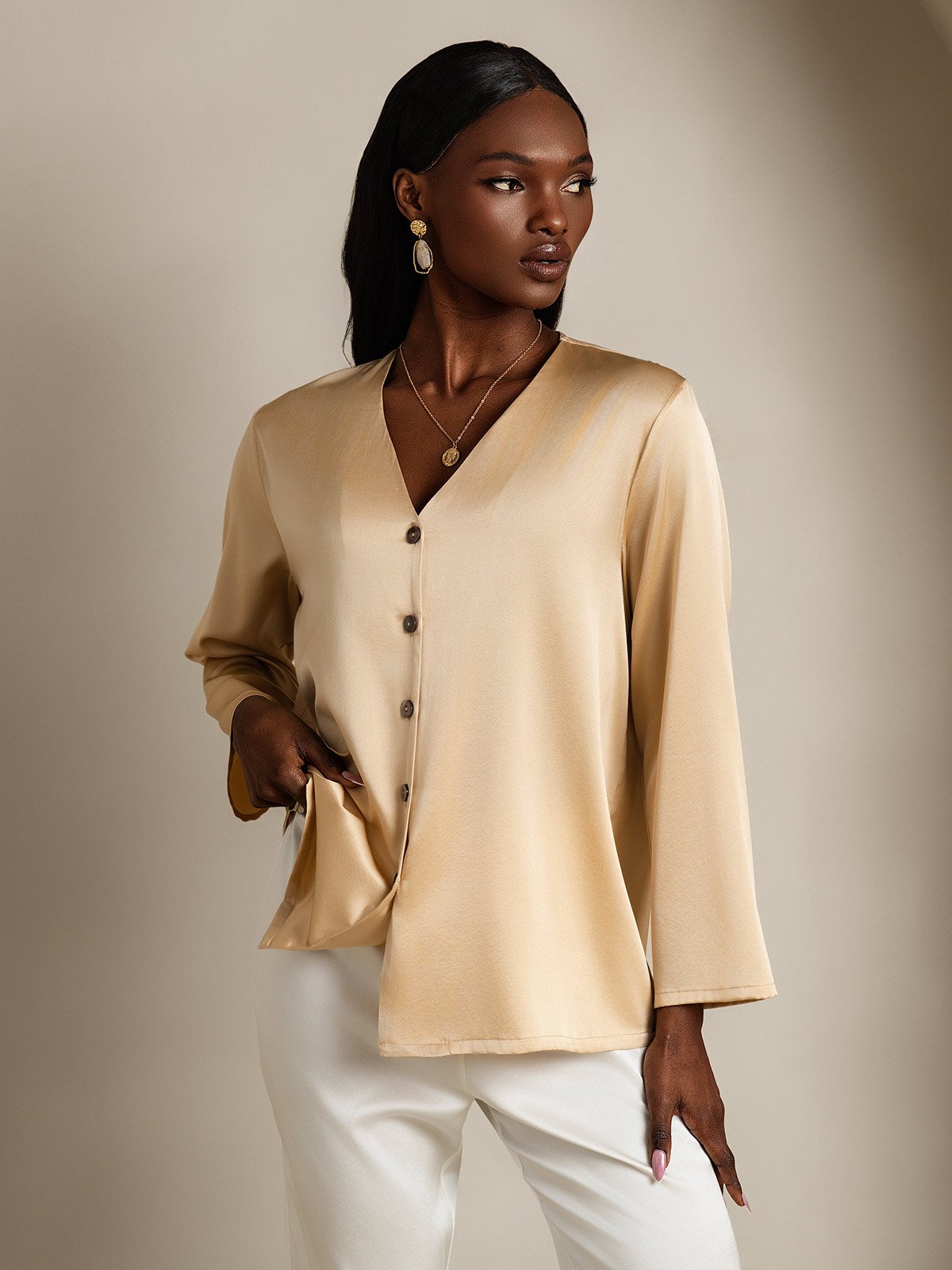 19Momme Silk Long Sleeve V-Neck Blouse