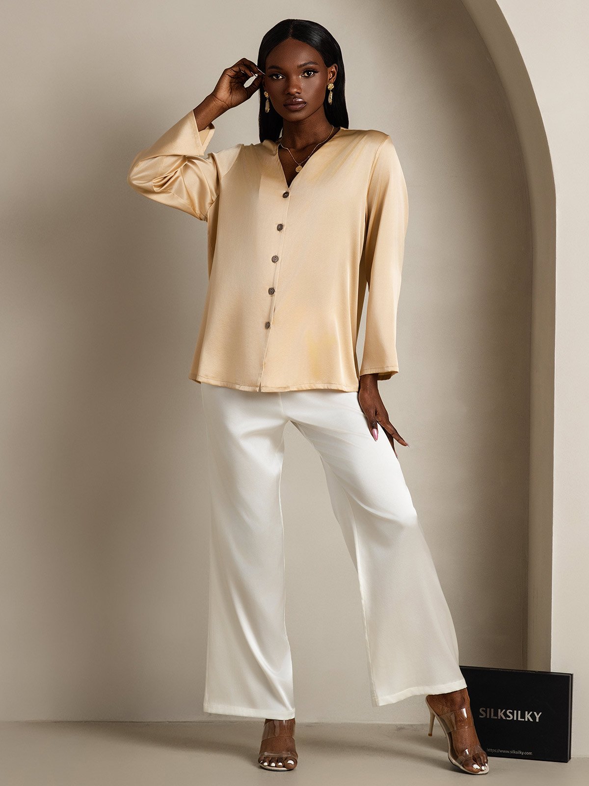 19Momme Silk Long Sleeve V-Neck Blouse