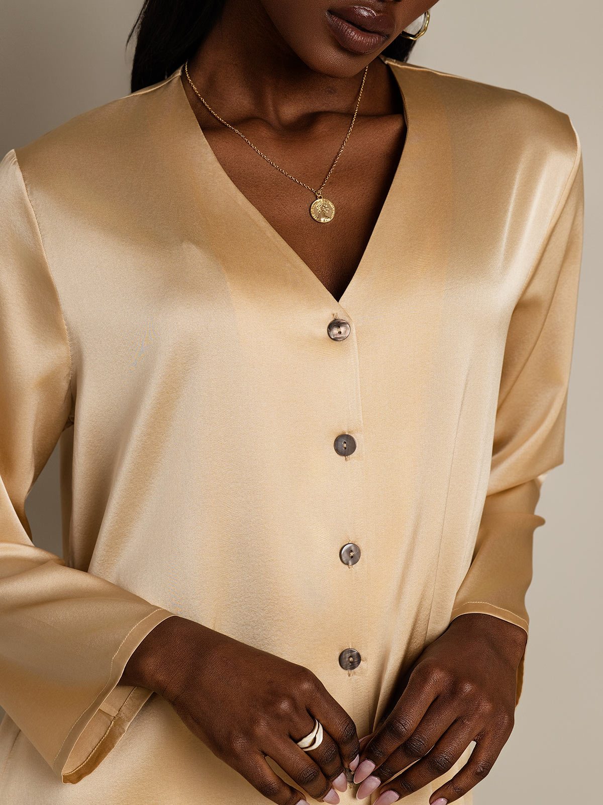 19Momme Silk Long Sleeve V-Neck Blouse