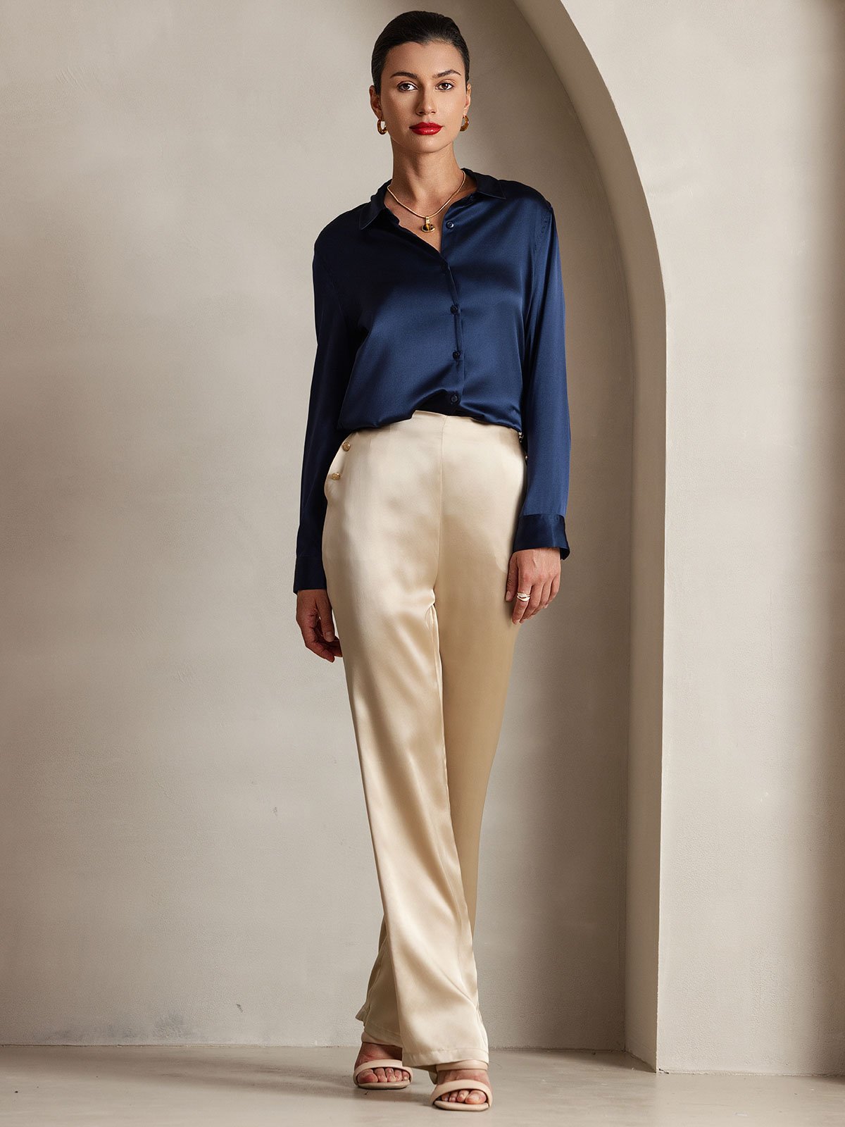 Women's 19Momme Silk High Waist Pants with Back Elastic Waist Design