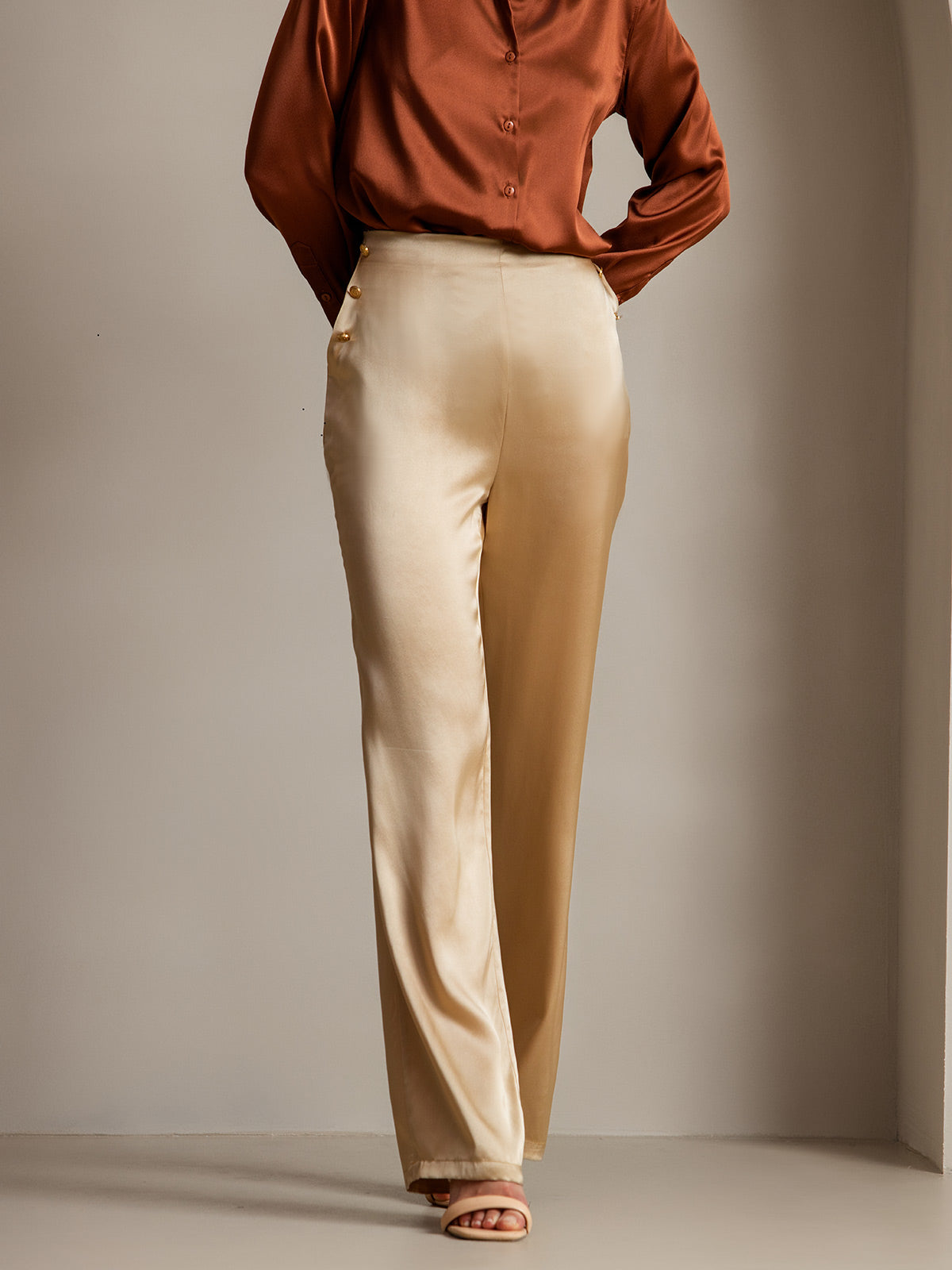 19Momme Silk High Waist Straight Fit Women's Pants with Back Elastic Waist Design
