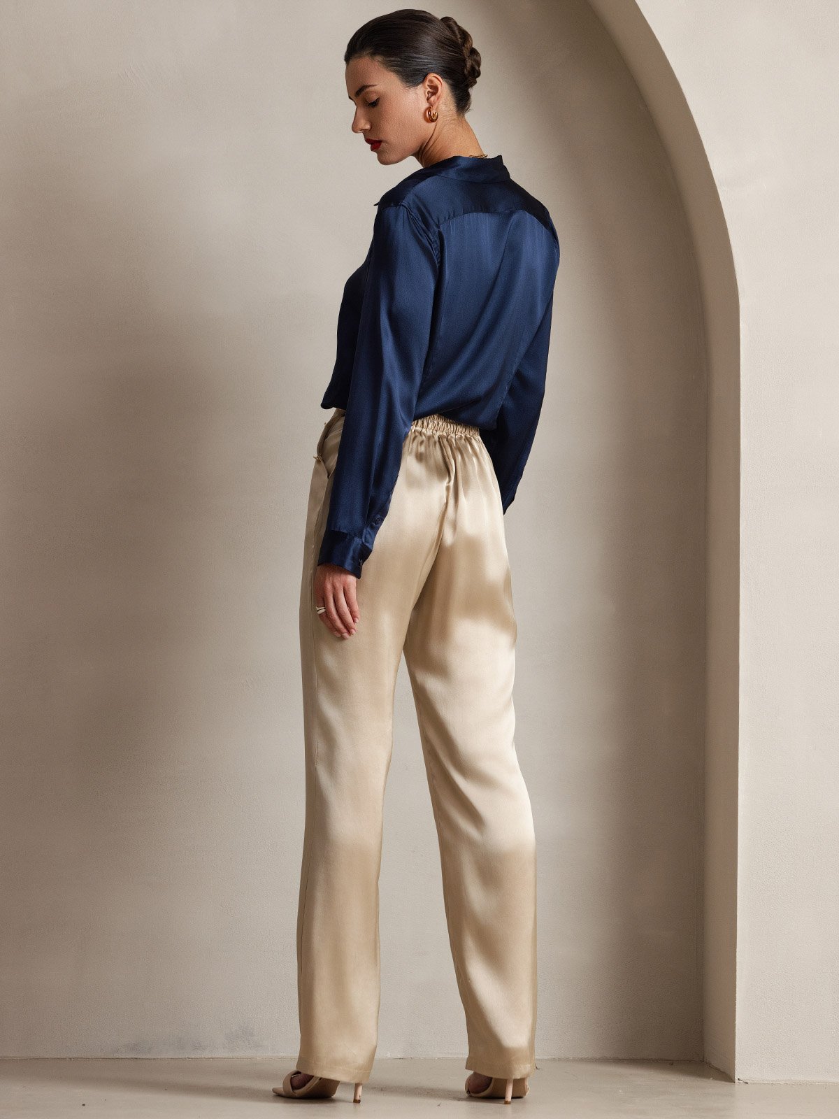 Women's 19Momme Silk High Waist Pants with Back Elastic Waist Design