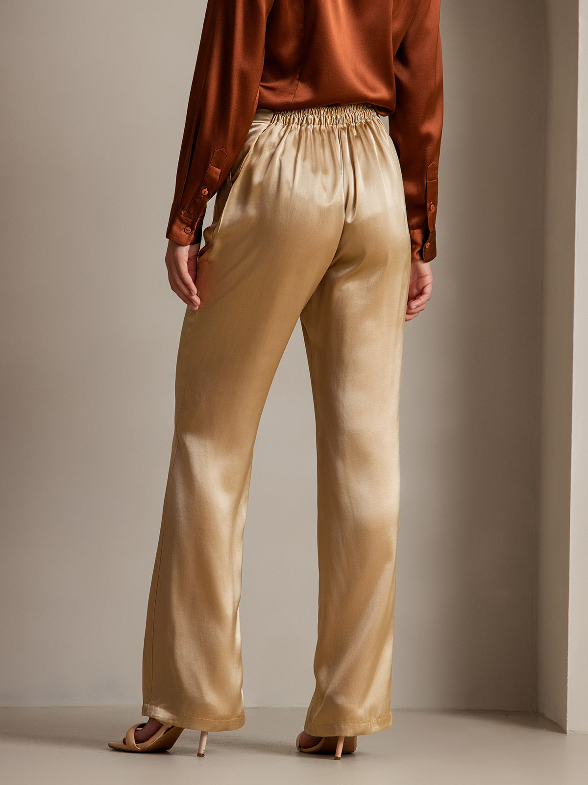 19Momme Silk High Waist Straight Fit Women's Pants with Back Elastic Waist Design