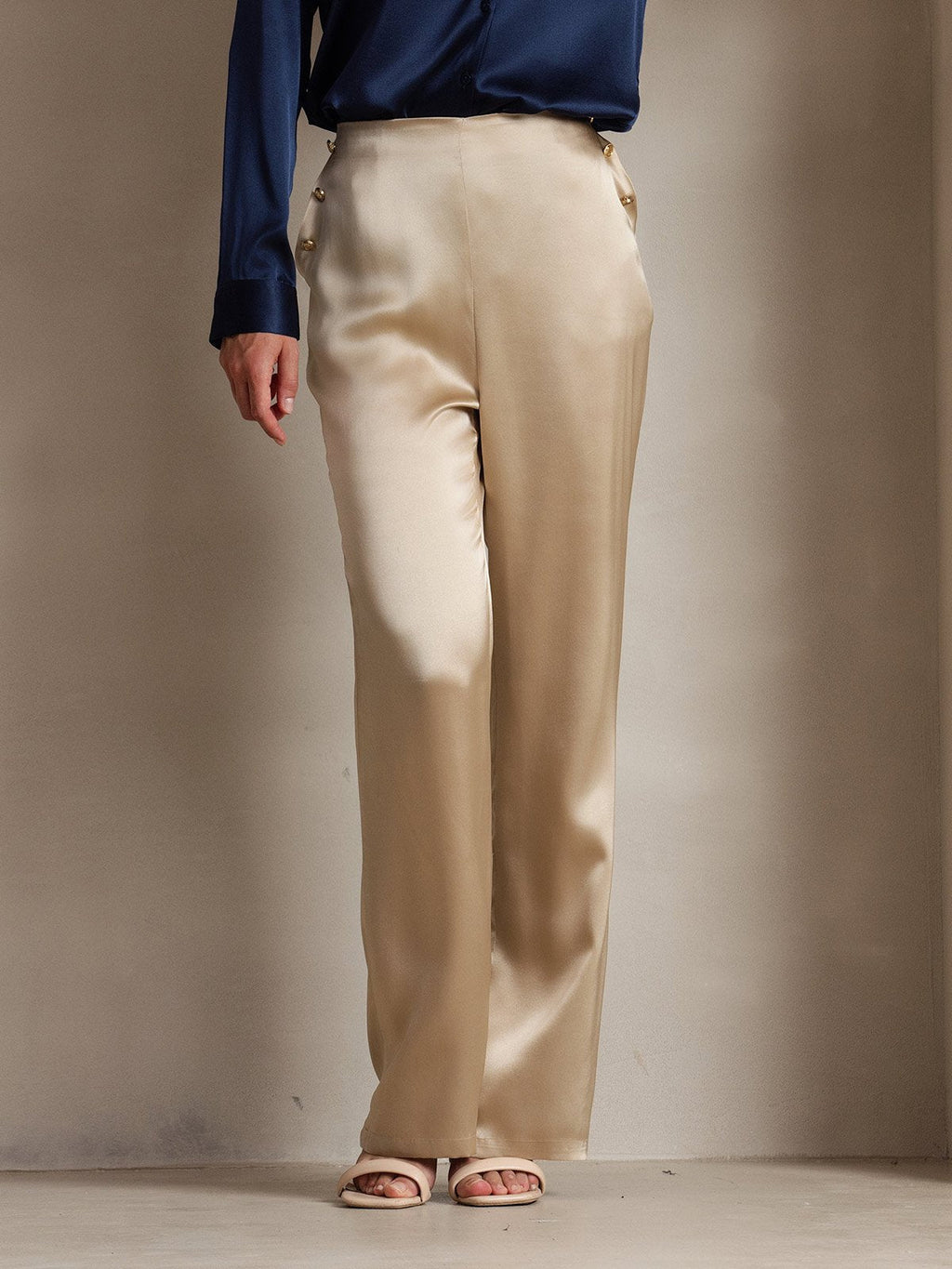 Women's 19Momme Silk High Waist Pants with Back Elastic Waist Design