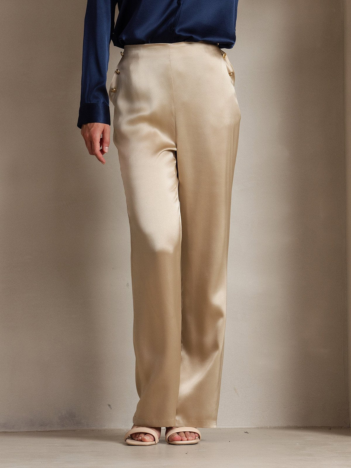 Women's 19Momme Silk High Waist Pants with Back Elastic Waist Design