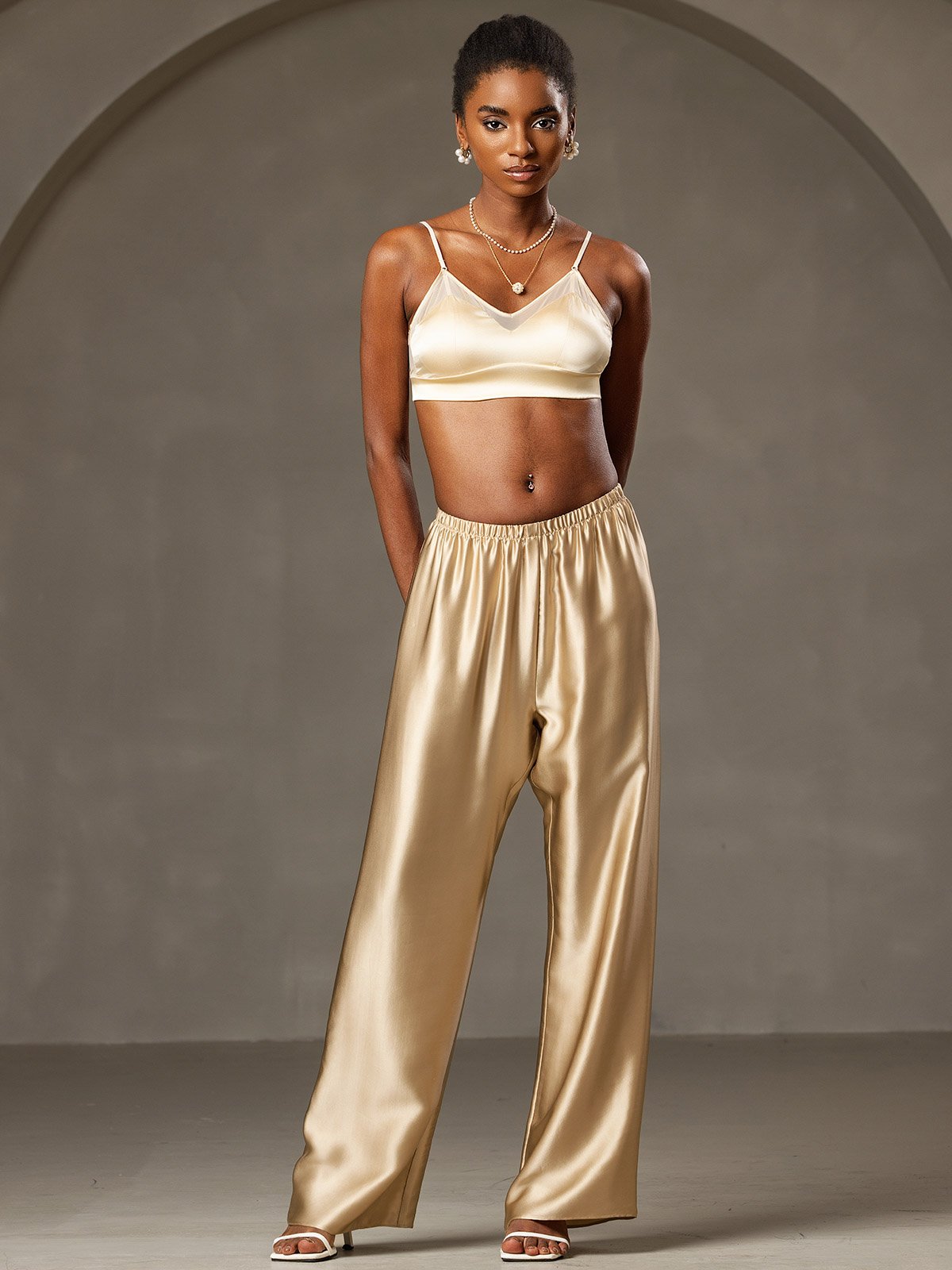 19Momme Silk Wide Leg Women's Pants with Elastic Waist Design
