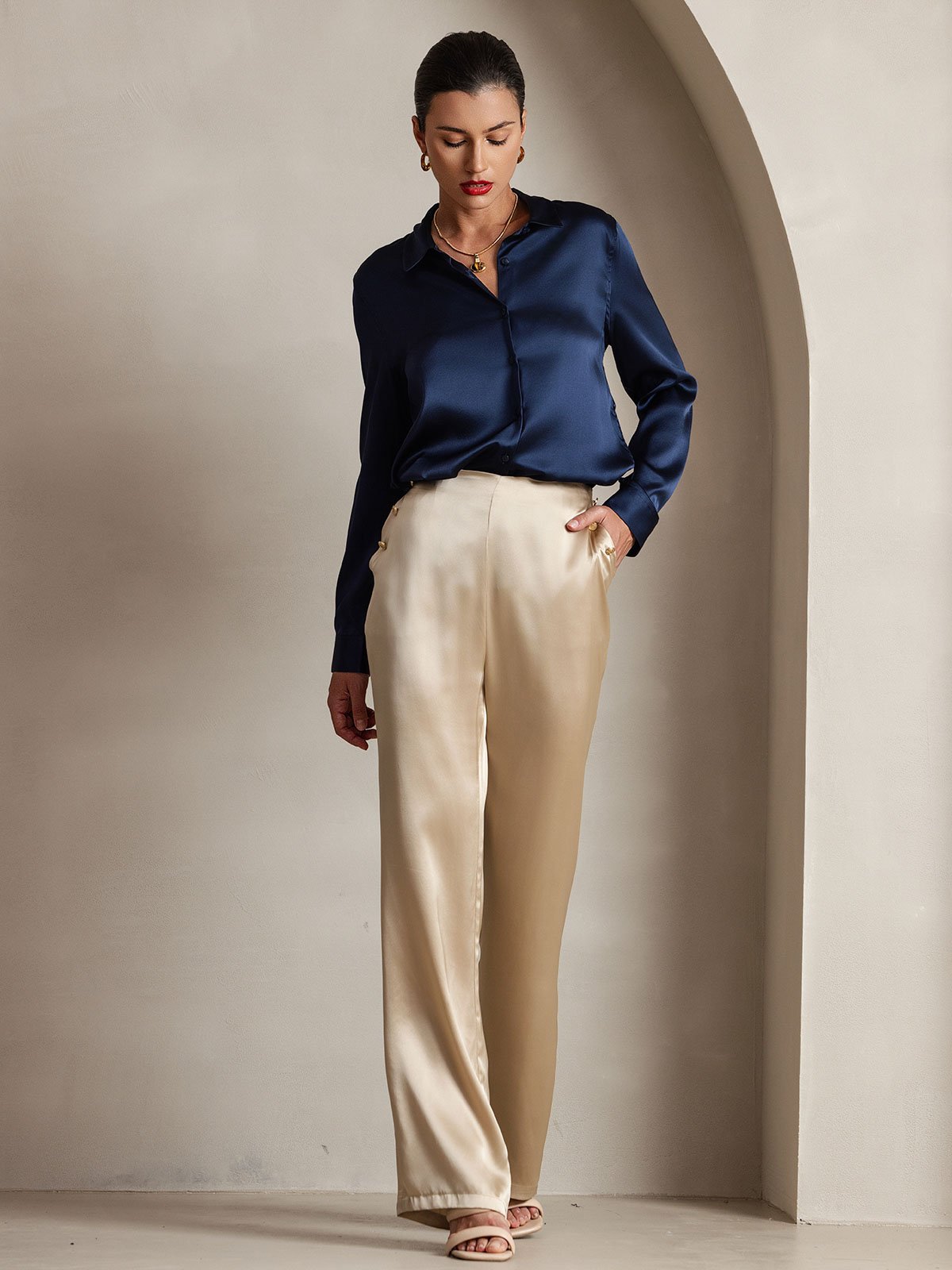 Women's 19Momme Silk High Waist Pants with Back Elastic Waist Design