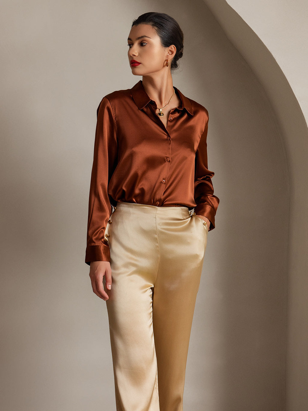 19Momme Silk High Waist Straight Fit Women's Pants with Back Elastic Waist Design