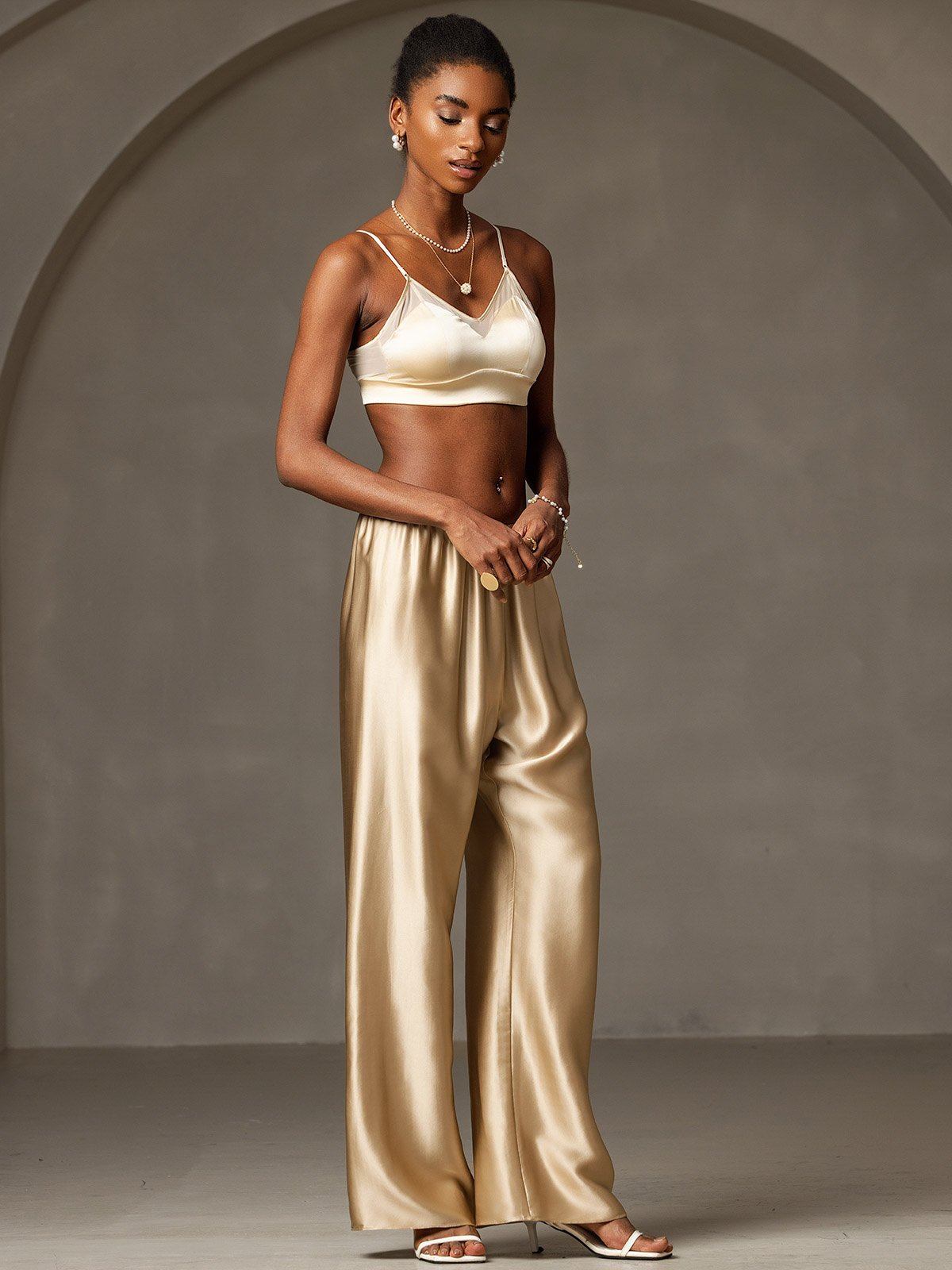 19Momme Silk Wide Leg Women's Pants with Elastic Waist Design