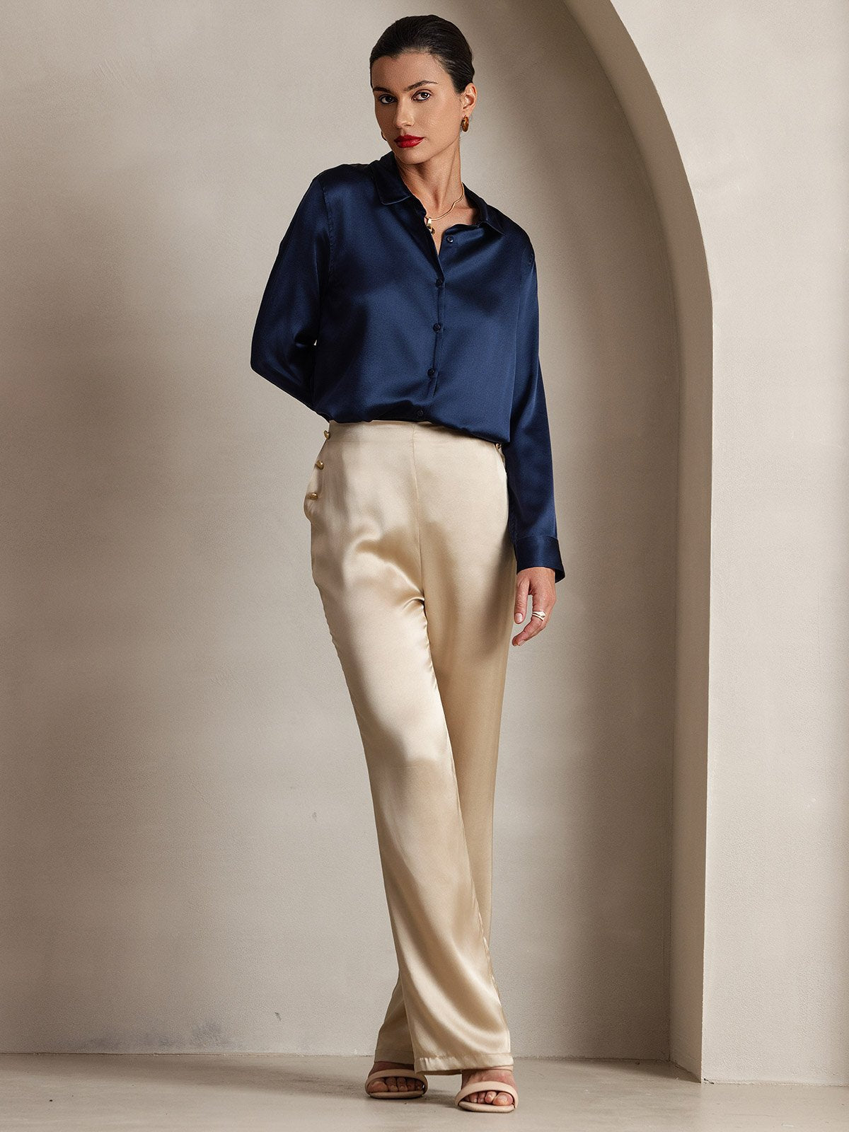 Women's 19Momme Silk High Waist Pants with Back Elastic Waist Design