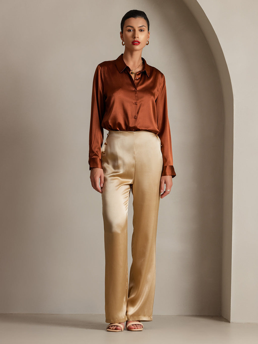 19Momme Silk High Waist Straight Fit Women's Pants with Back Elastic Waist Design