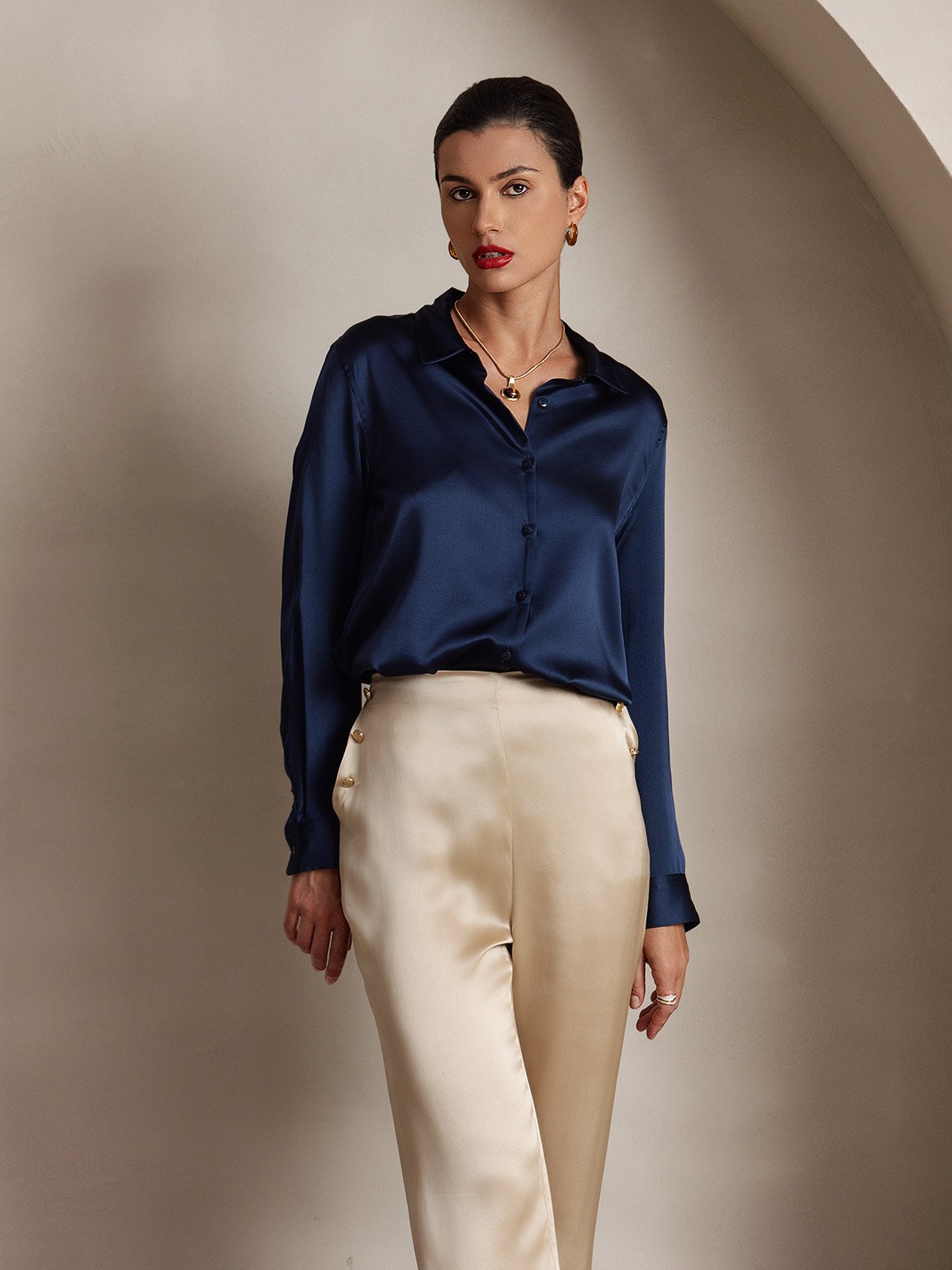Women's 19Momme Silk High Waist Pants with Back Elastic Waist Design
