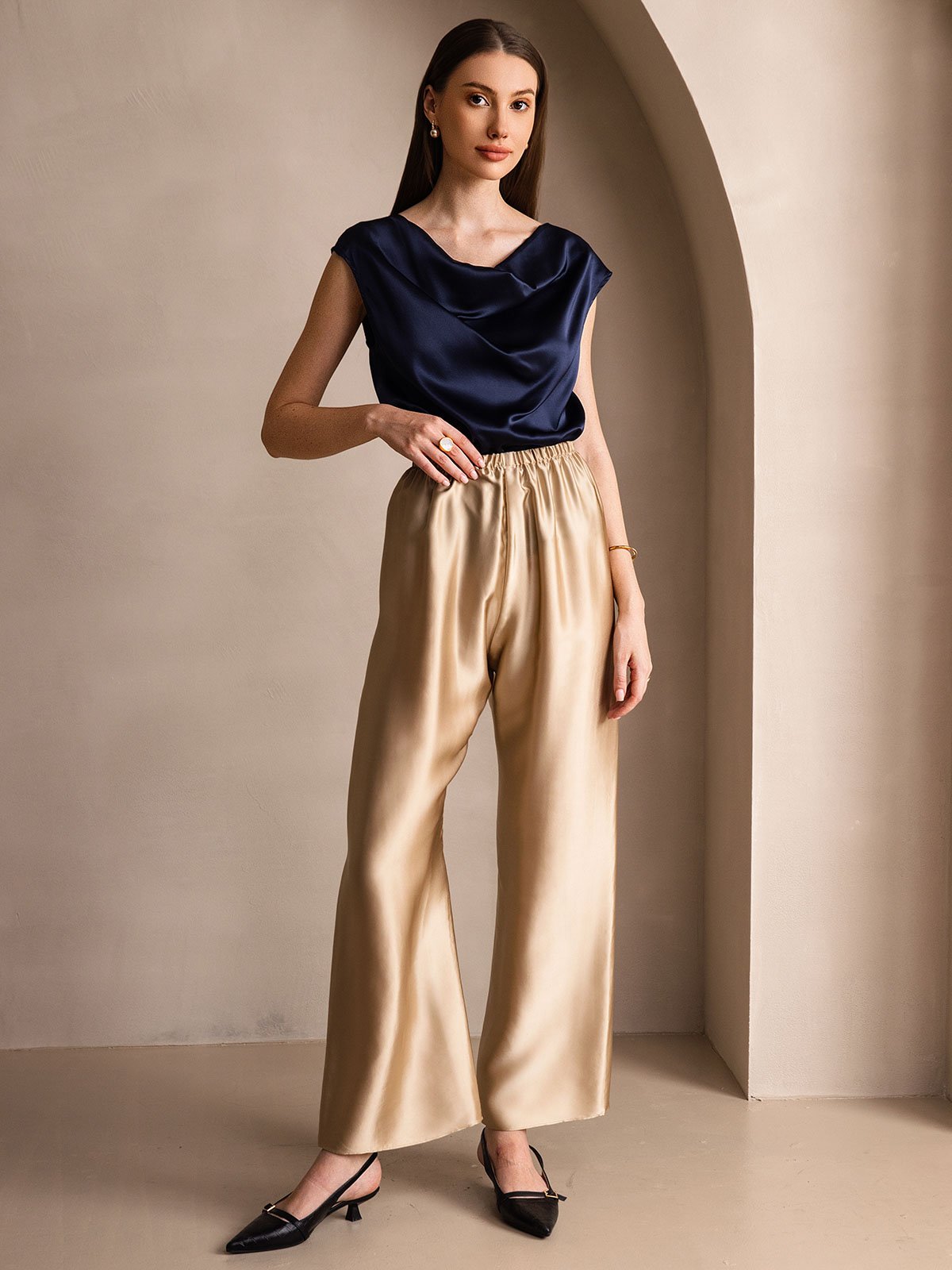 19Momme Silk Wide Leg Women's Pants with Elastic Waist Design