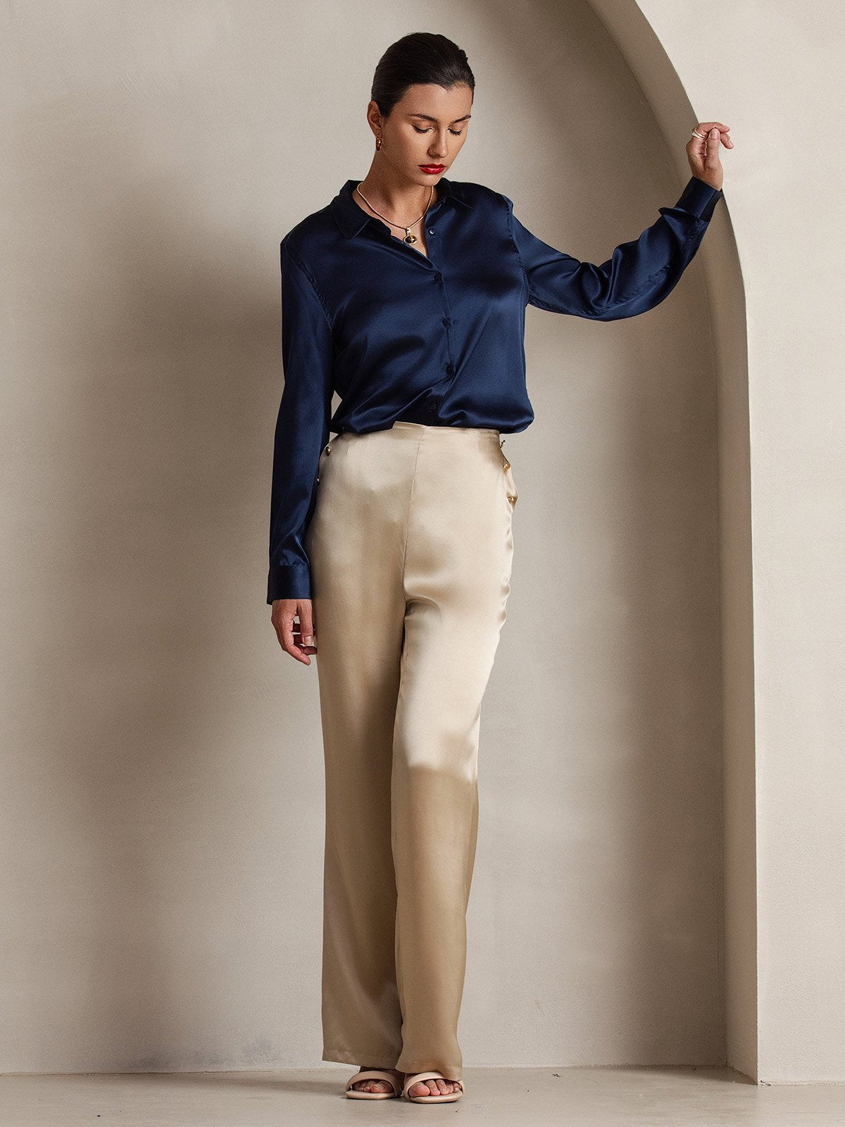 Women's 19Momme Silk High Waist Pants with Back Elastic Waist Design