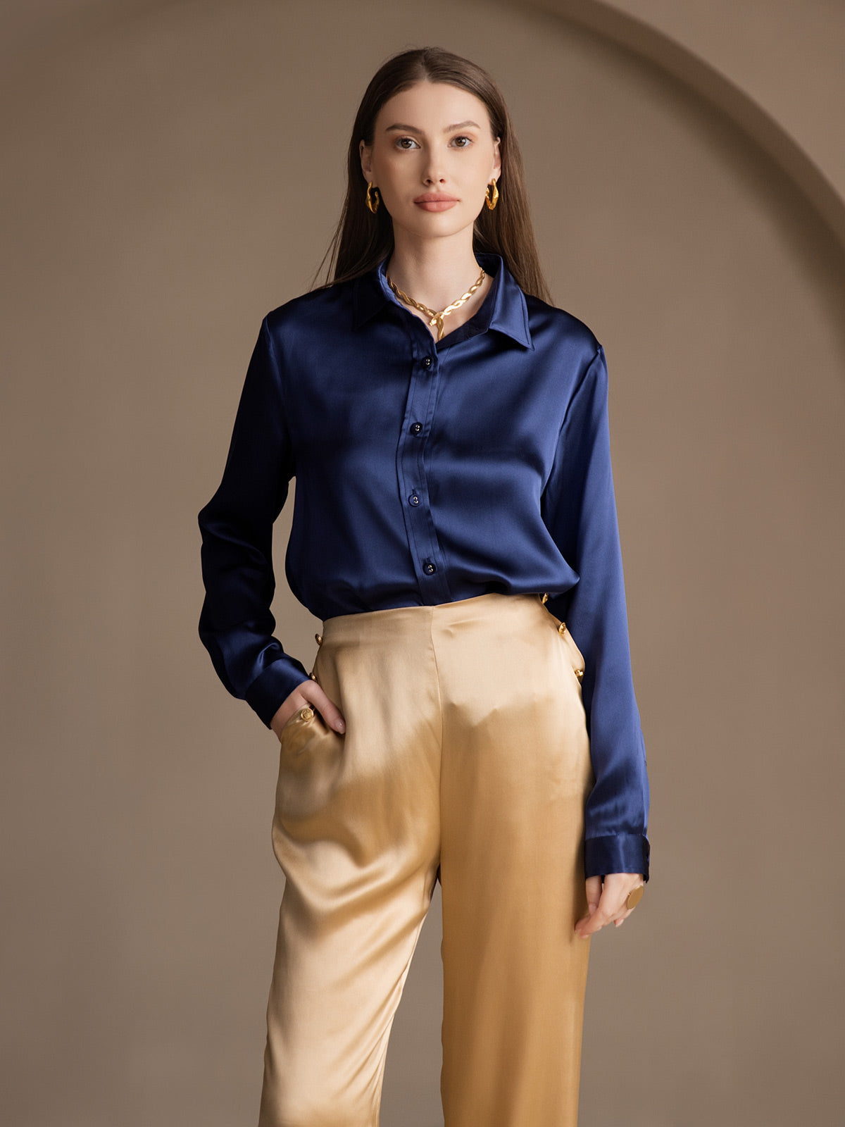 19Momme Silk High Waist Straight Fit Women's Pants with Back Elastic Waist Design