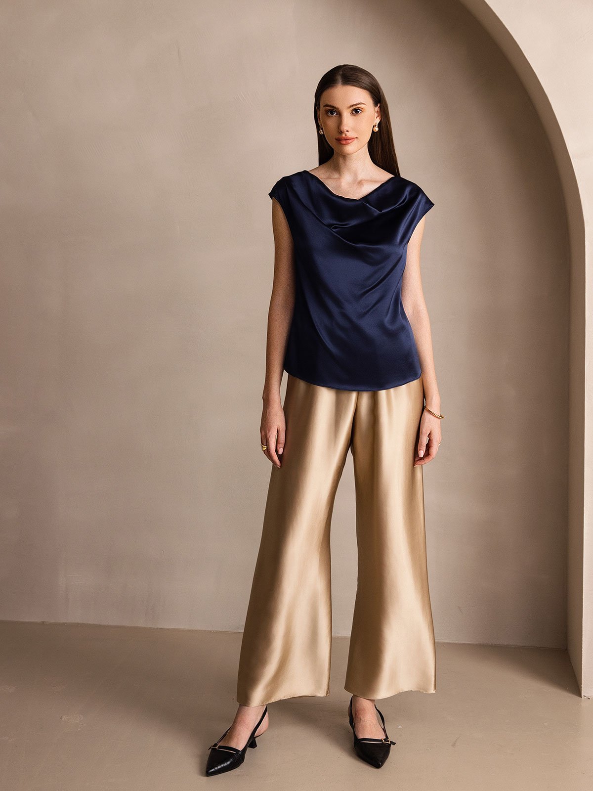 19Momme Silk Wide Leg Women's Pants with Elastic Waist Design