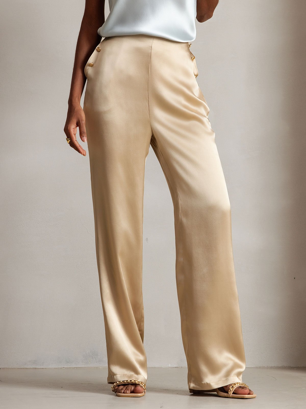 Women's 19Momme Silk High Waist Pants with Back Elastic Waist Design