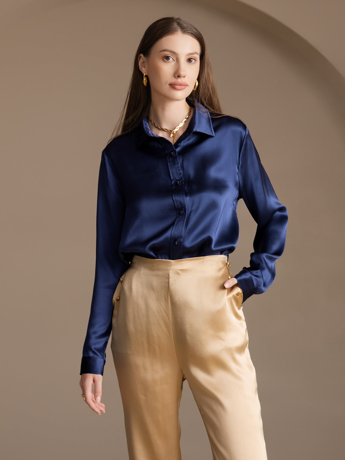 19Momme Silk High Waist Straight Fit Women's Pants with Back Elastic Waist Design