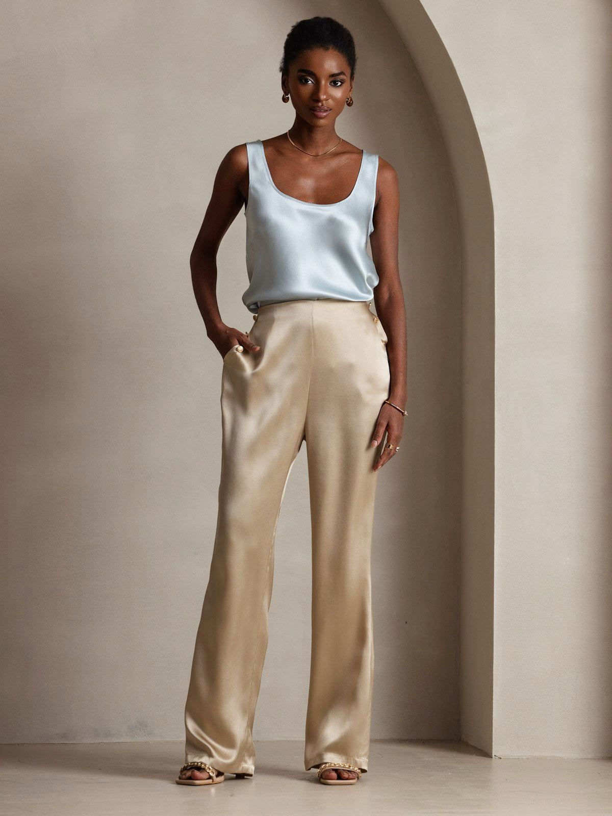 Women's 19Momme Silk High Waist Pants with Back Elastic Waist Design
