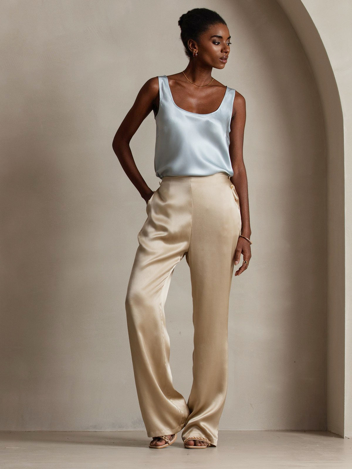 Women's 19Momme Silk High Waist Pants with Back Elastic Waist Design