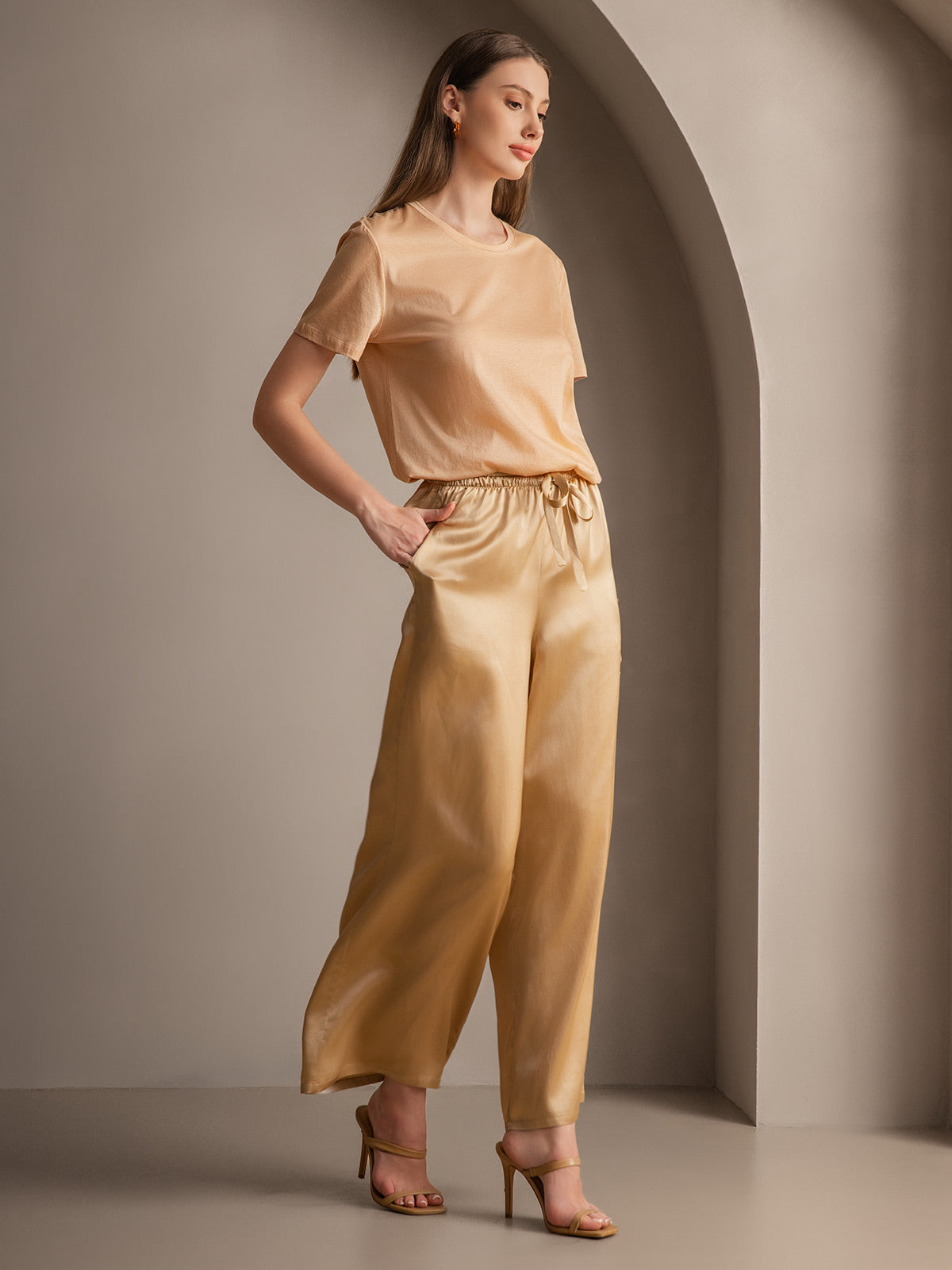 Pure Silk Wide Leg Women's Pants with Elastic Waist Design