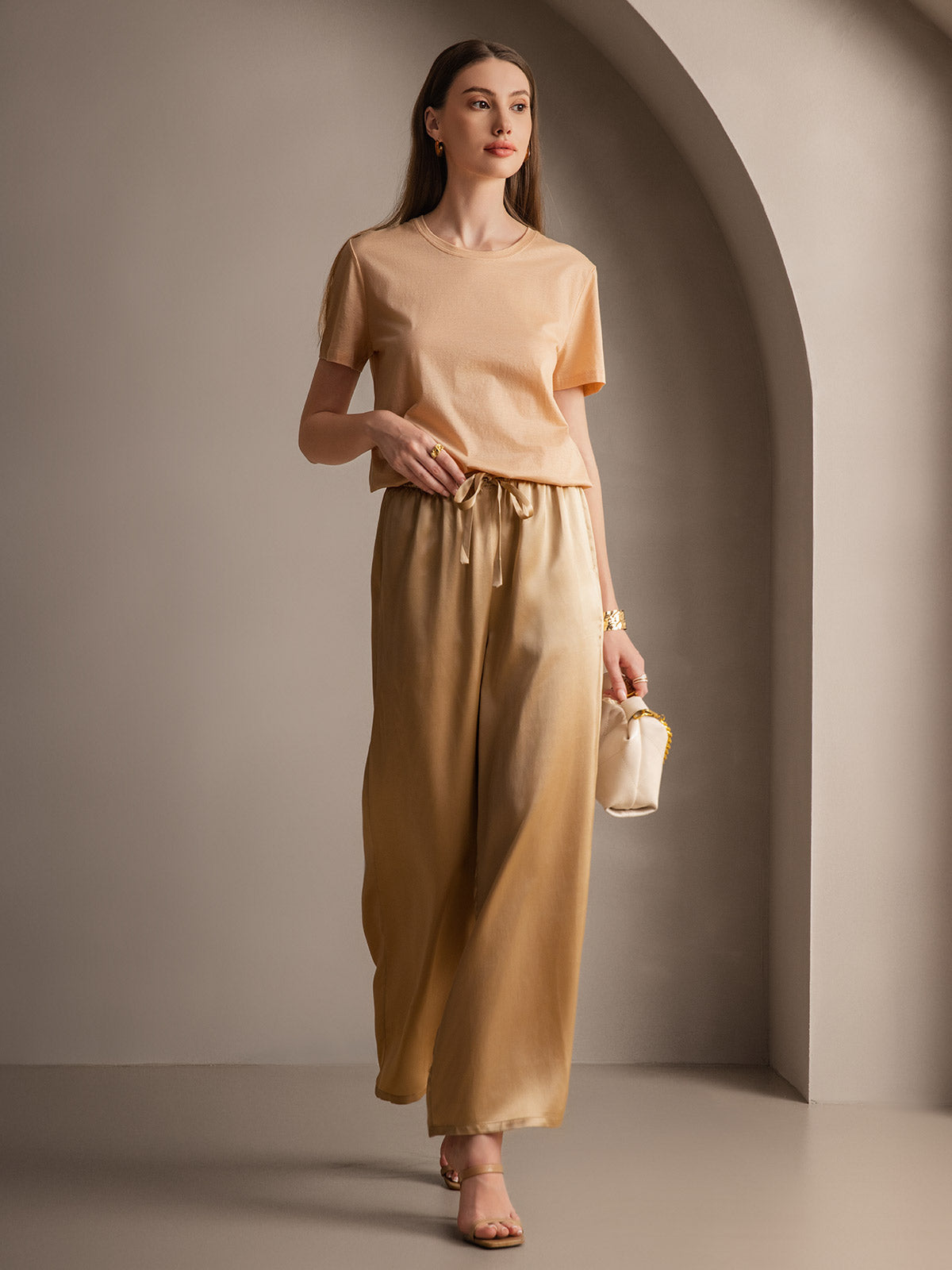 Pure Silk Wide Leg Women's Pants with Elastic Waist Design