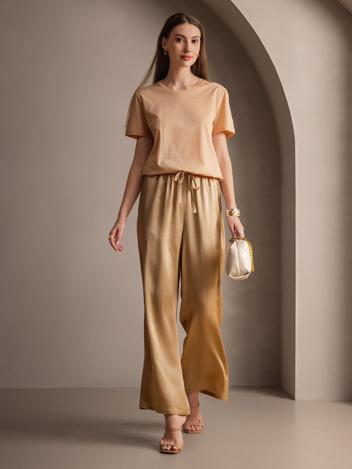 Pure Silk Wide Leg Women's Pants with Elastic Waist Design