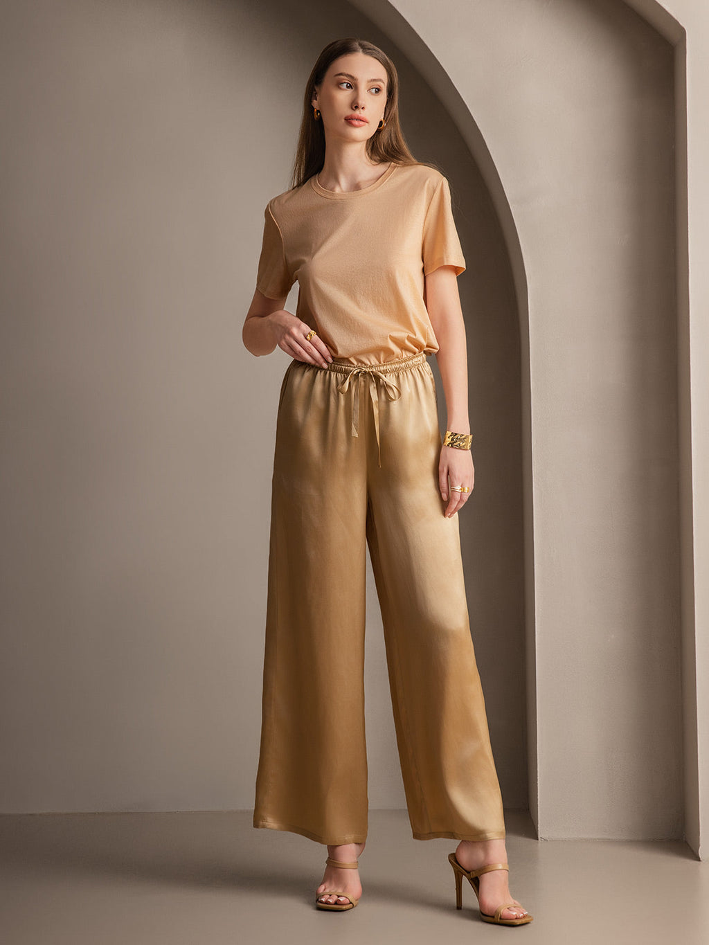 Pure Silk Wide Leg Women's Pants with Elastic Waist Design