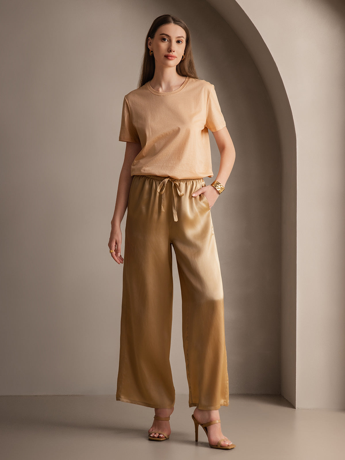 Pure Silk Wide Leg Women's Pants with Elastic Waist Design