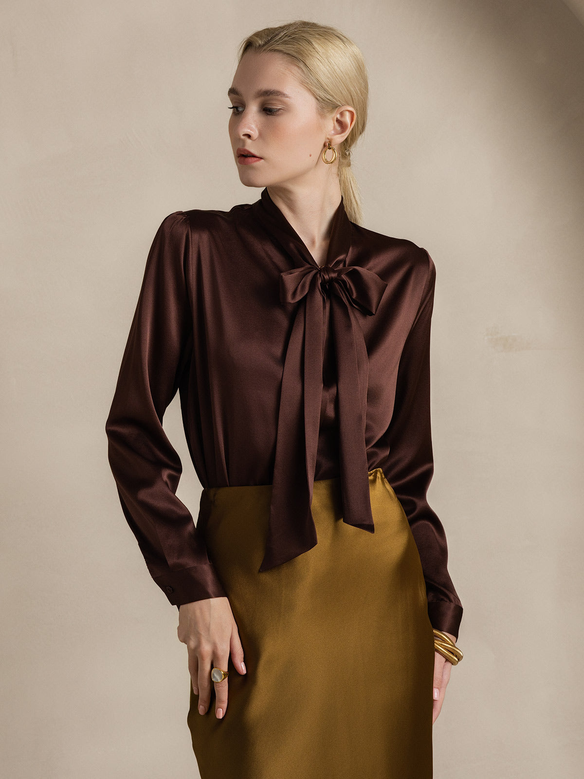 19Momme Silk Long Sleeve Tie Neck Blouse