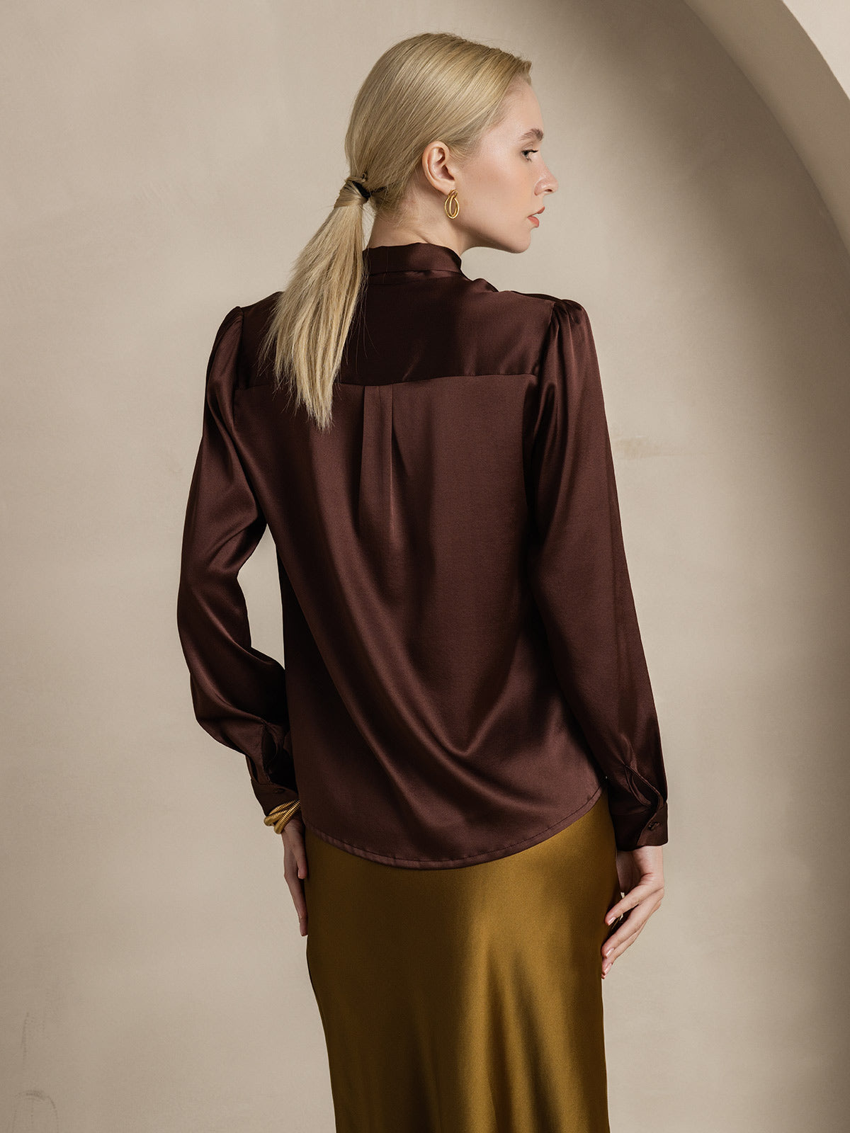 19Momme Silk Long Sleeve Tie Neck Blouse