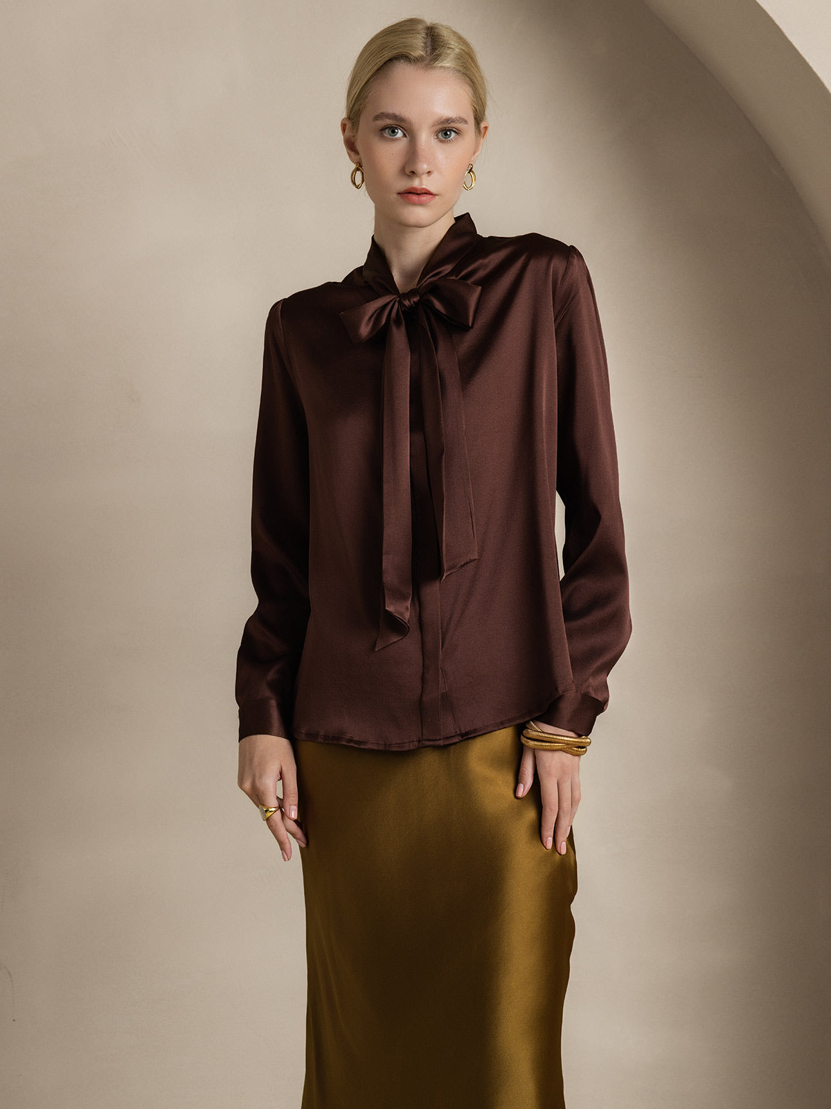 19Momme Silk Long Sleeve Tie Neck Blouse