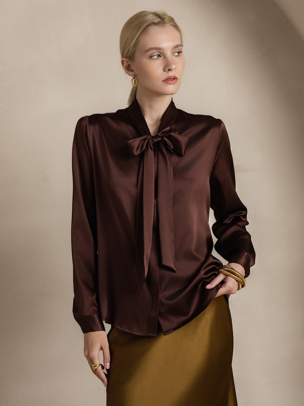 19Momme Silk Long Sleeve Tie Neck Blouse