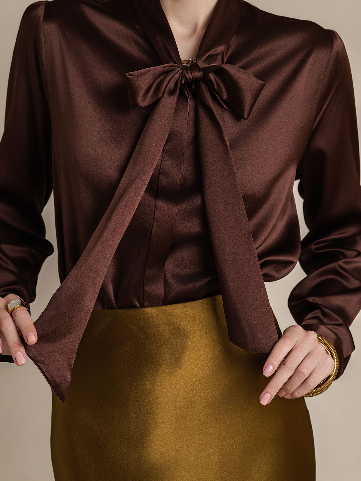 19Momme Silk Long Sleeve Tie Neck Blouse