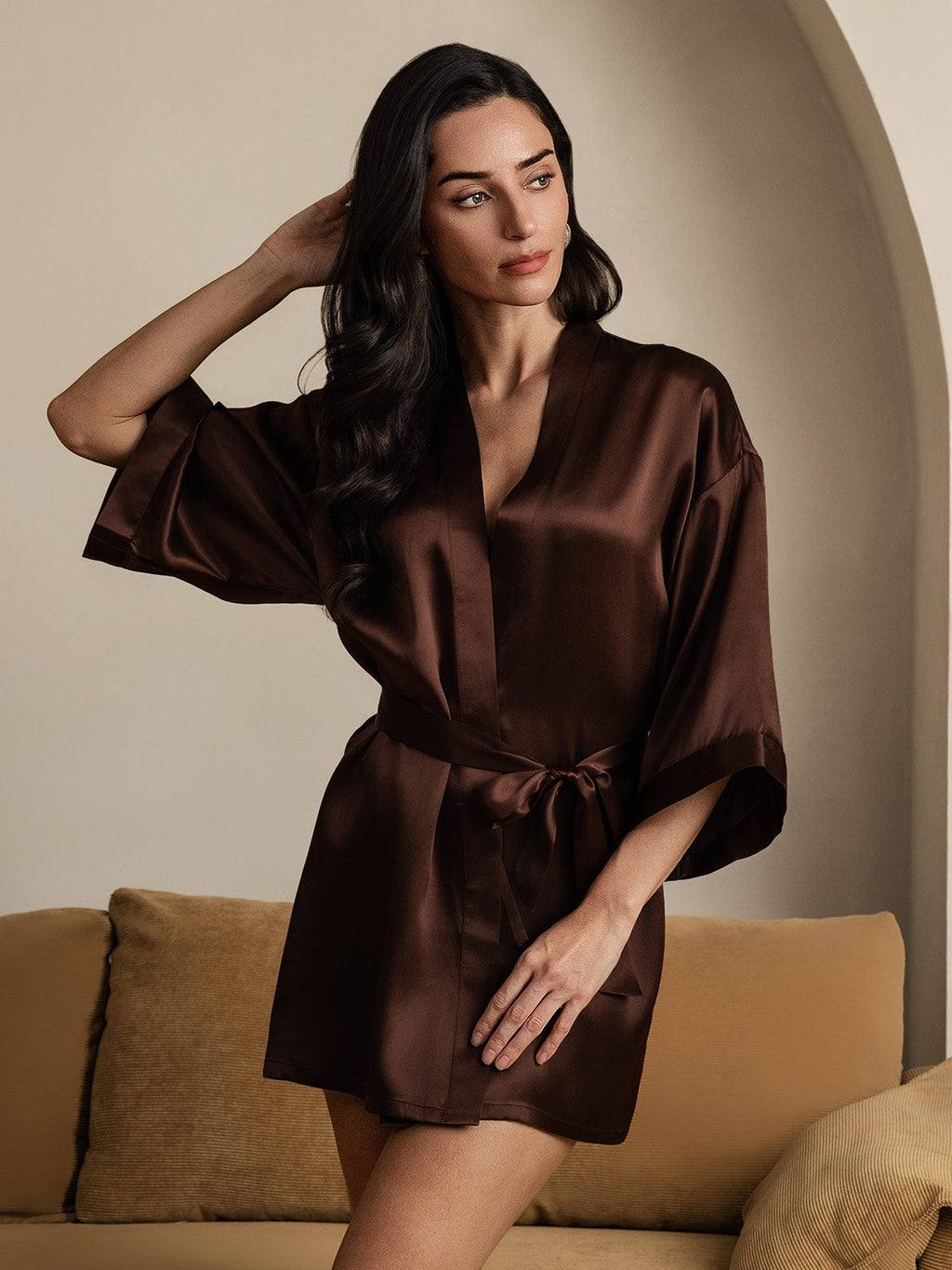 Glossy Pure Silk Kimono Robe For Women