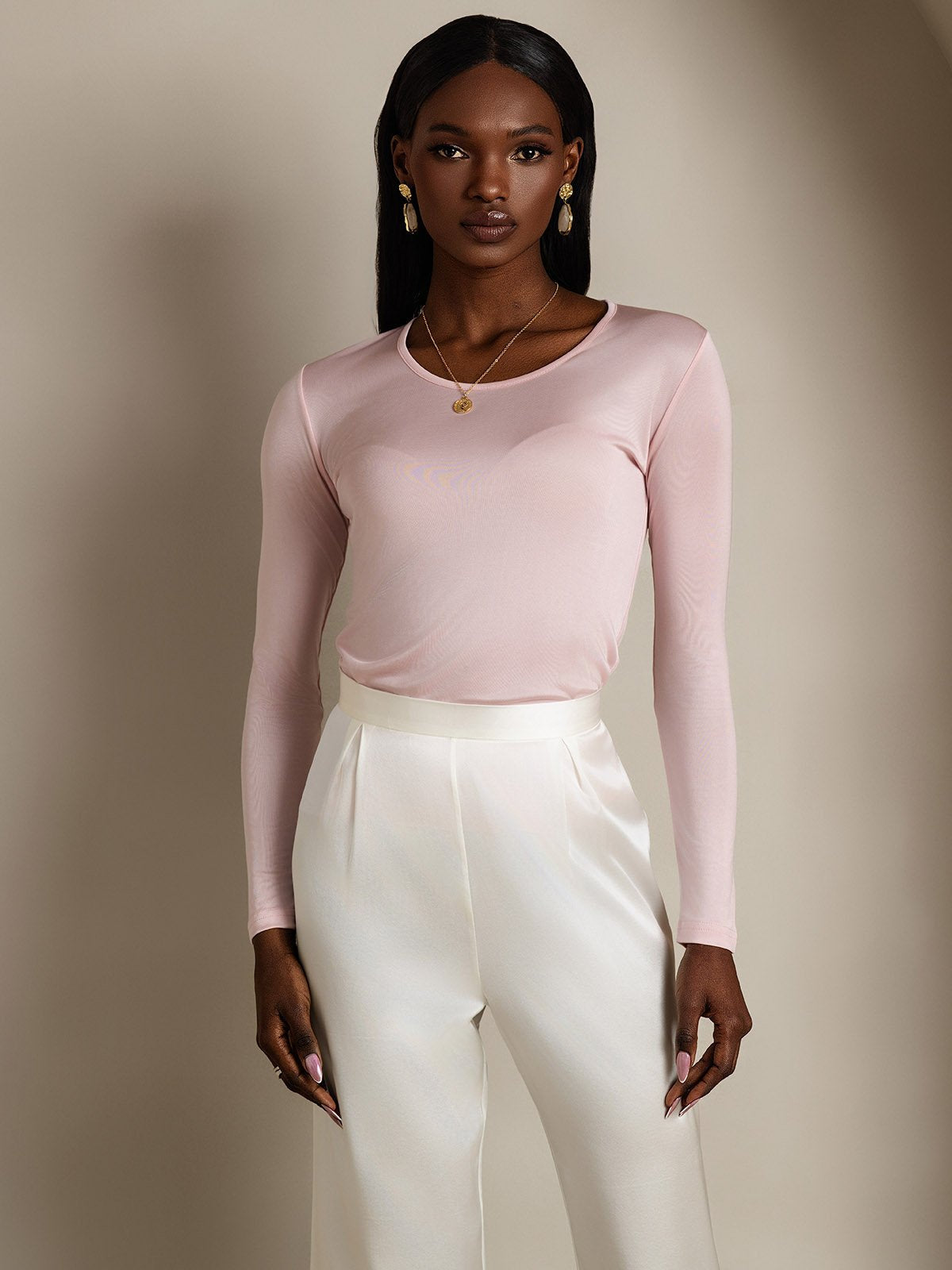 Silk Blend Round Neck Long-Sleeved T-Shirt