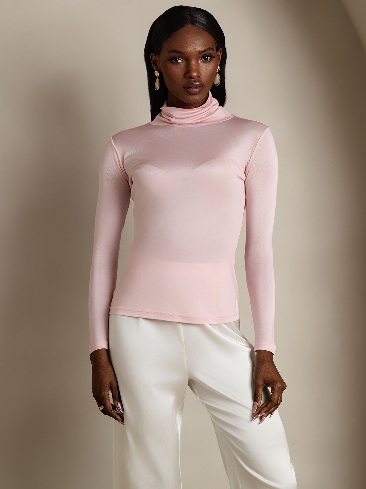 Silk Blend High Neck Long-Sleeved T-Shirt