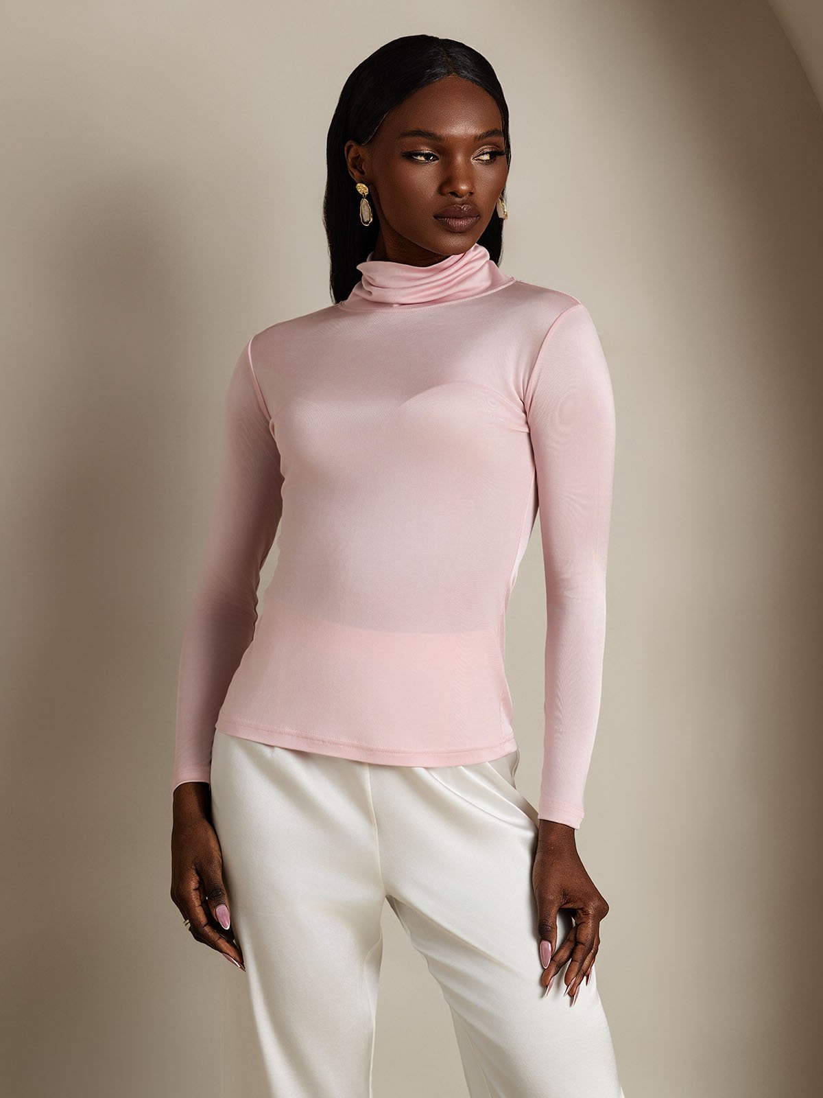 Silk Blend High Neck Long-Sleeved T-Shirt