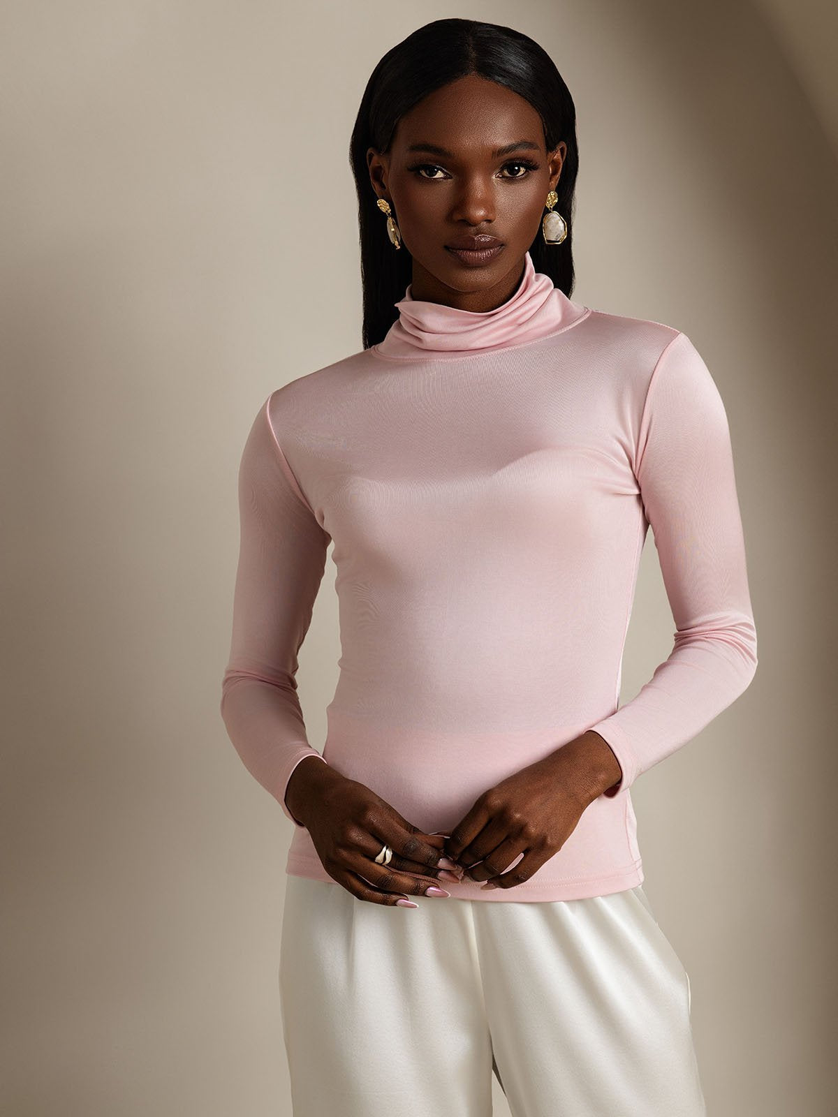 Silk Blend High Neck Long-Sleeved T-Shirt