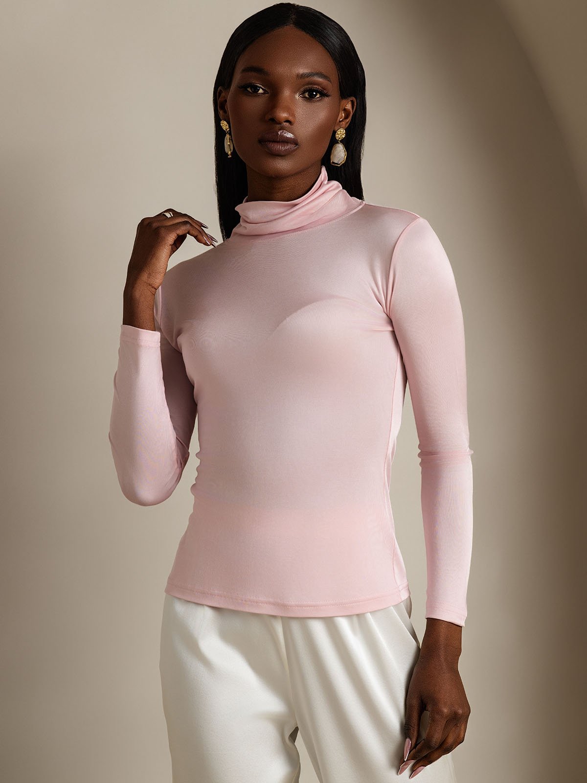 Silk Blend High Neck Long-Sleeved T-Shirt