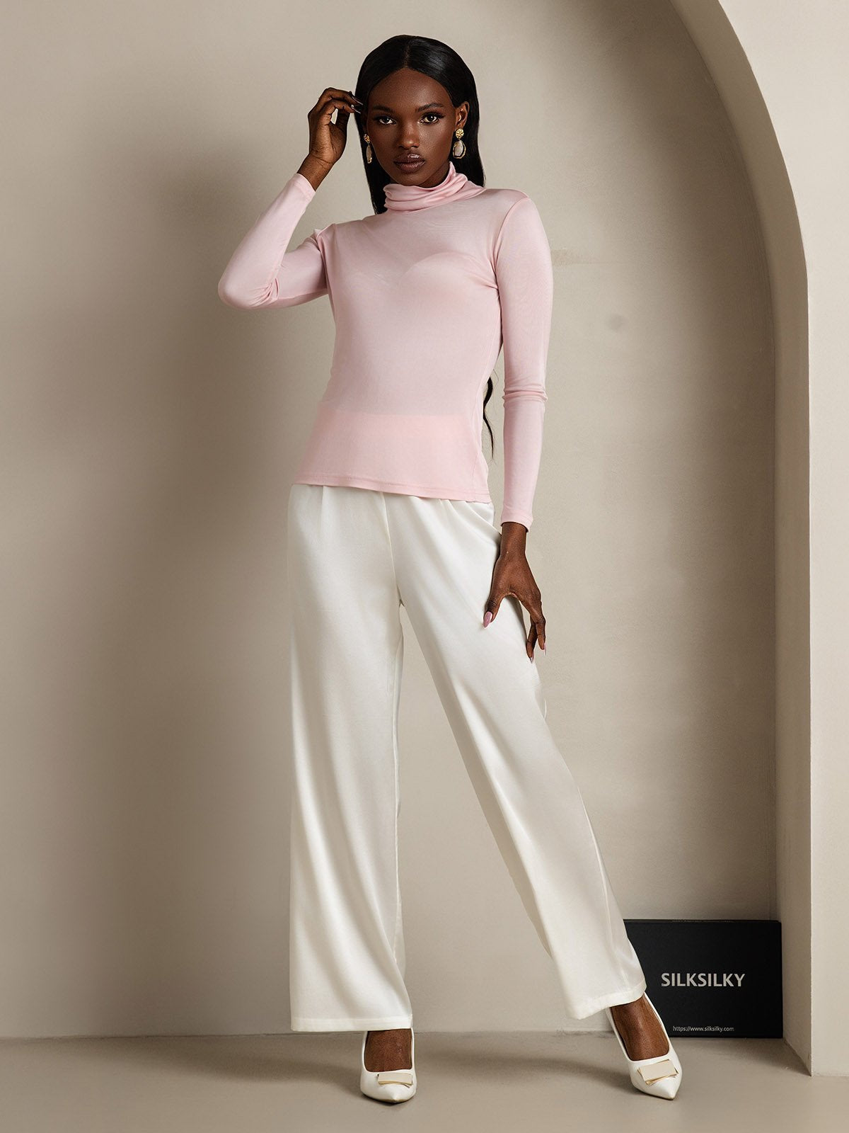 Silk Blend High Neck Long-Sleeved T-Shirt