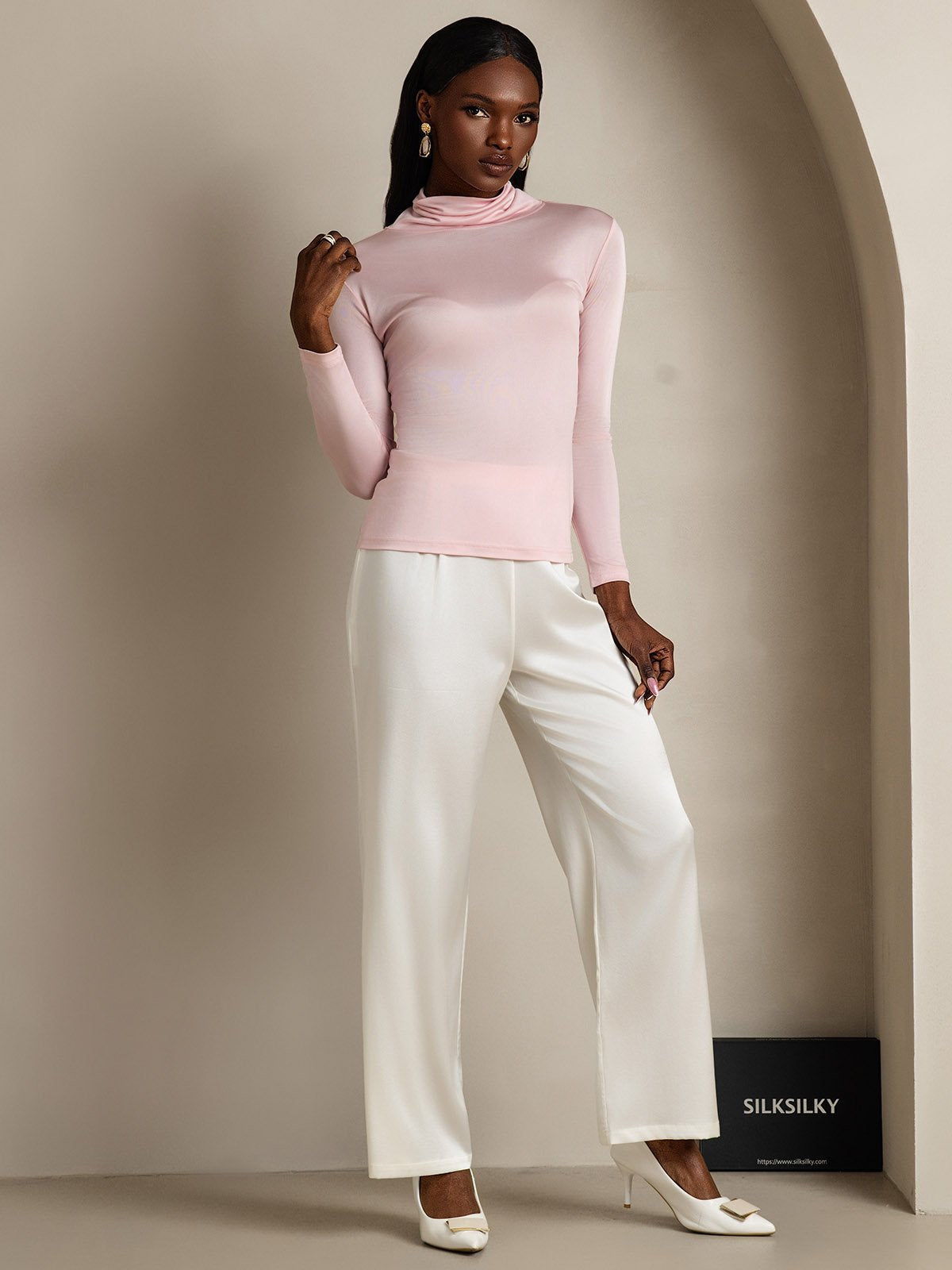 Silk Blend High Neck Long-Sleeved T-Shirt