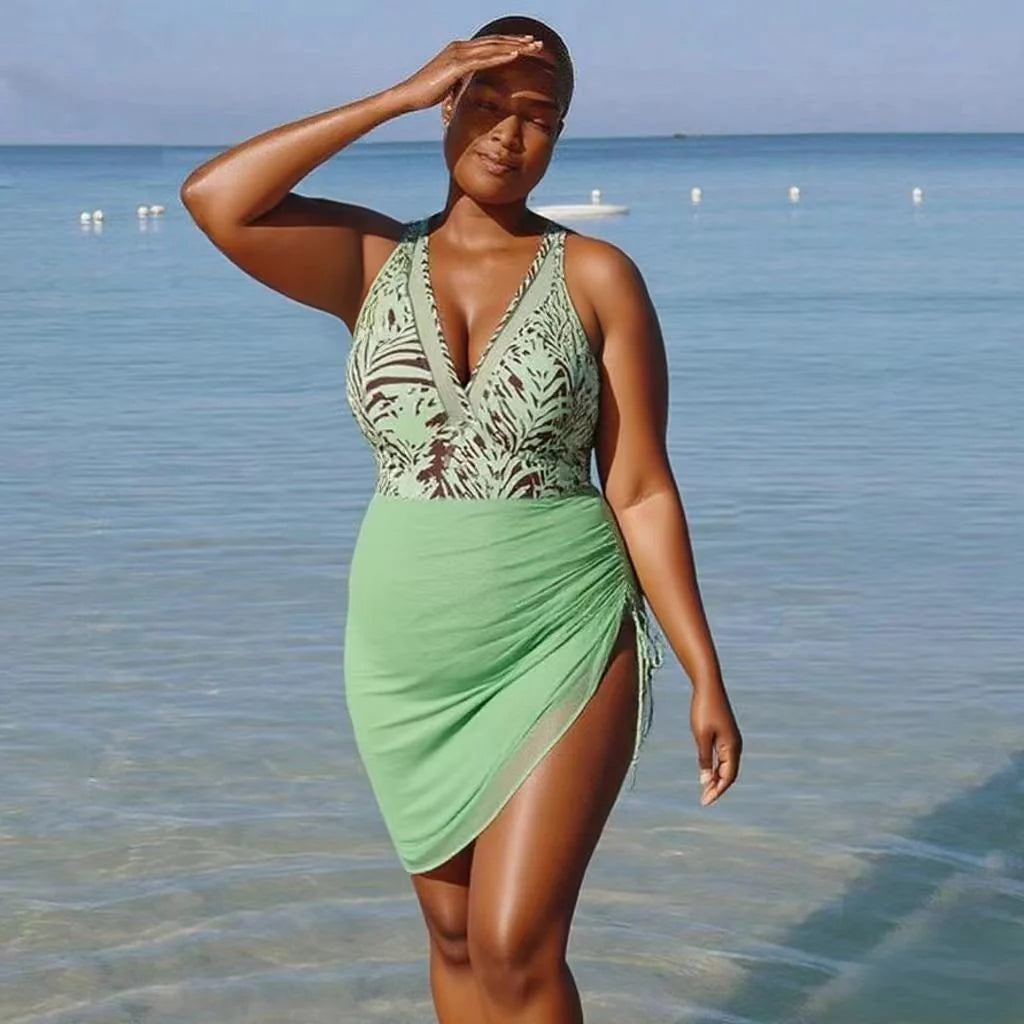 Plus Size Green Palm Print V-Neck One-Piece Swimsuit