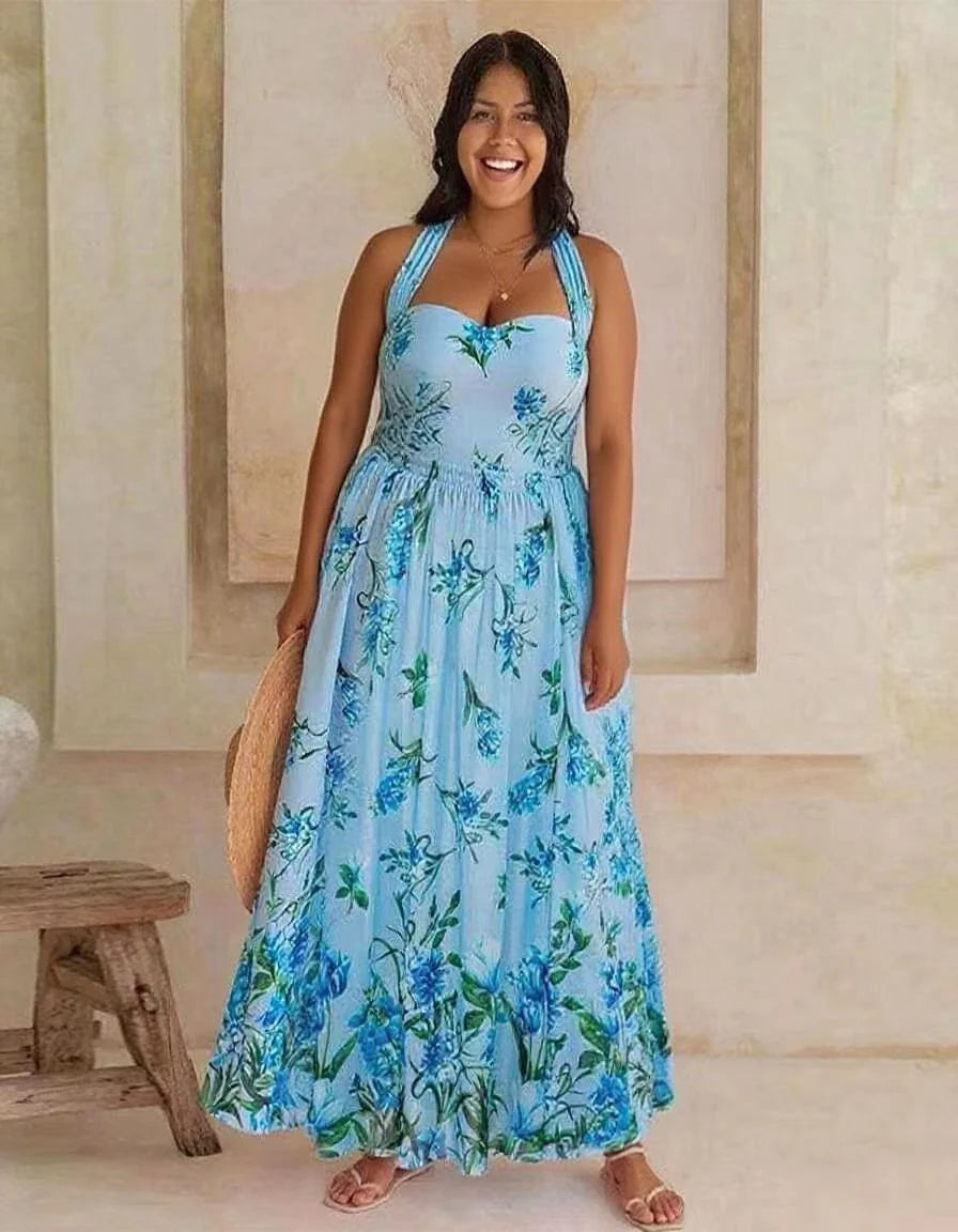 Chic Blue Romantic Floral Halter Neck One-Piece Swimsuit&Skirt