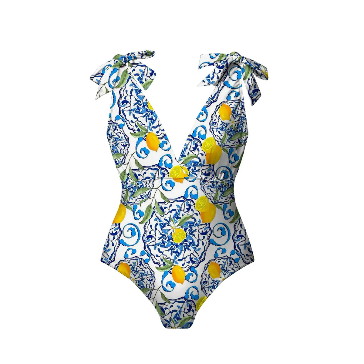 Lemon Motifs Blue Scrollwork Ornate Print One-Piece Swimsuit&Pants