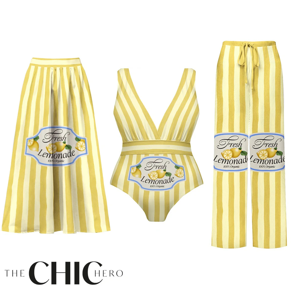 V Neck Retro Yellow Stripe Citrus Lemonade Print Swimsuit&Skirt&Pants