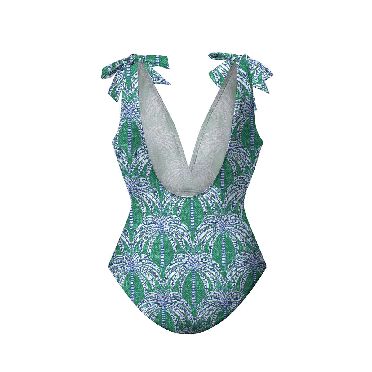 Green Palm Leaf Print and Bow One-Piece Swimsuit&Pants
